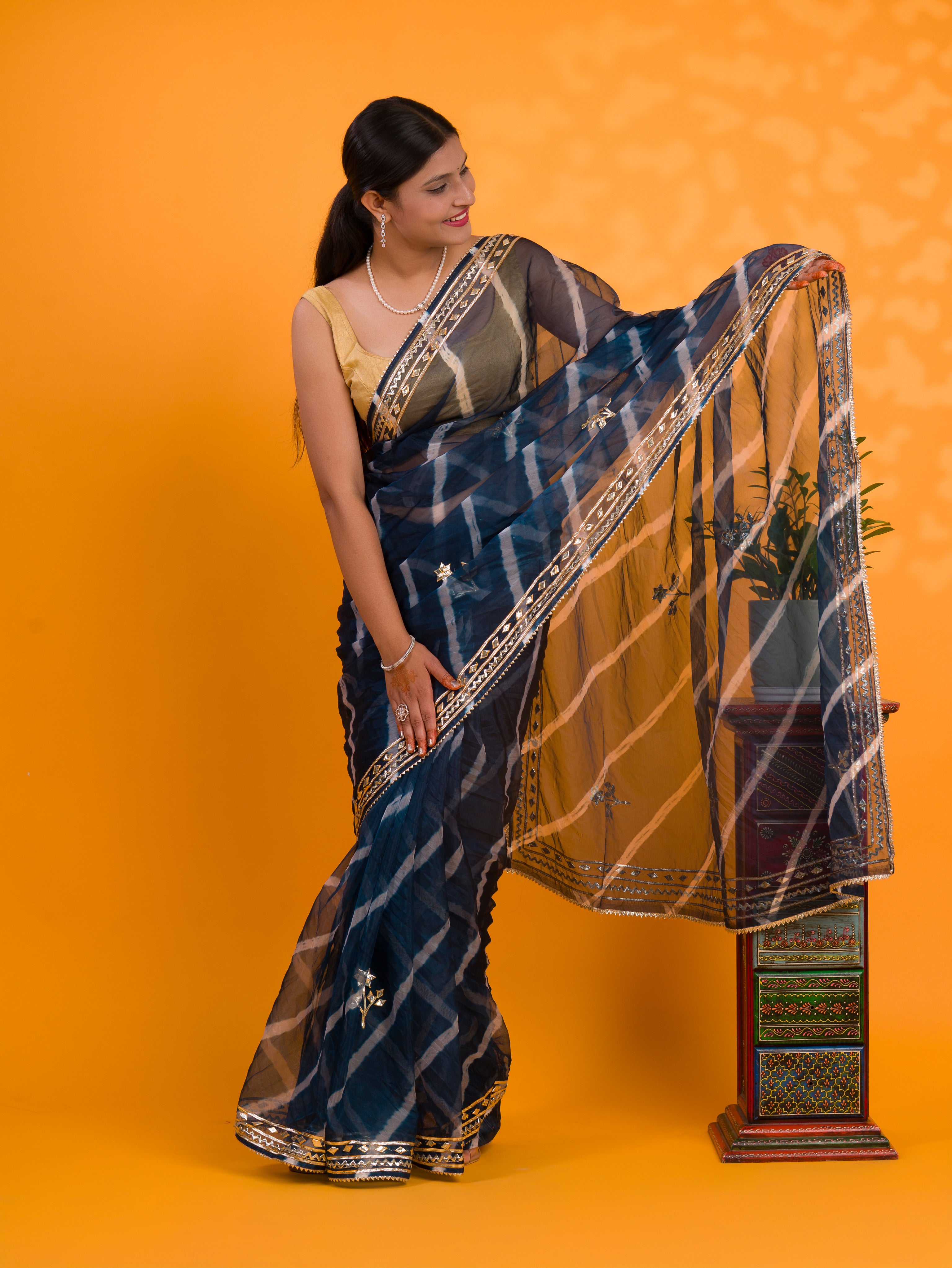 Blue saree with gold borde Organza Leheriya Style With Gotapatti Work