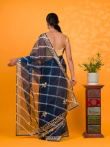 Blue saree with gold borde Organza Leheriya Style With Gotapatti Work