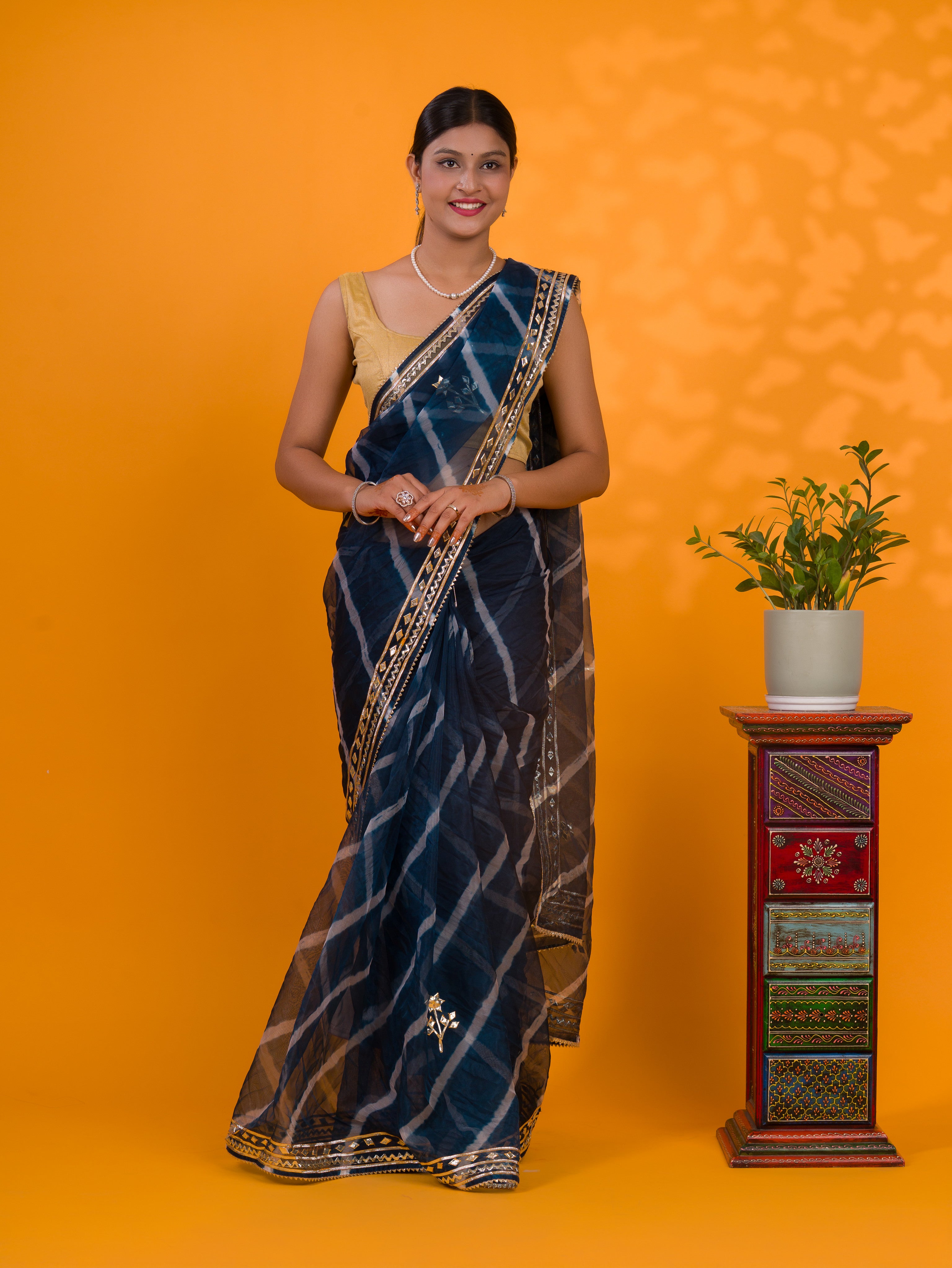 Blue saree with gold borde Organza Leheriya Style With Gotapatti Work