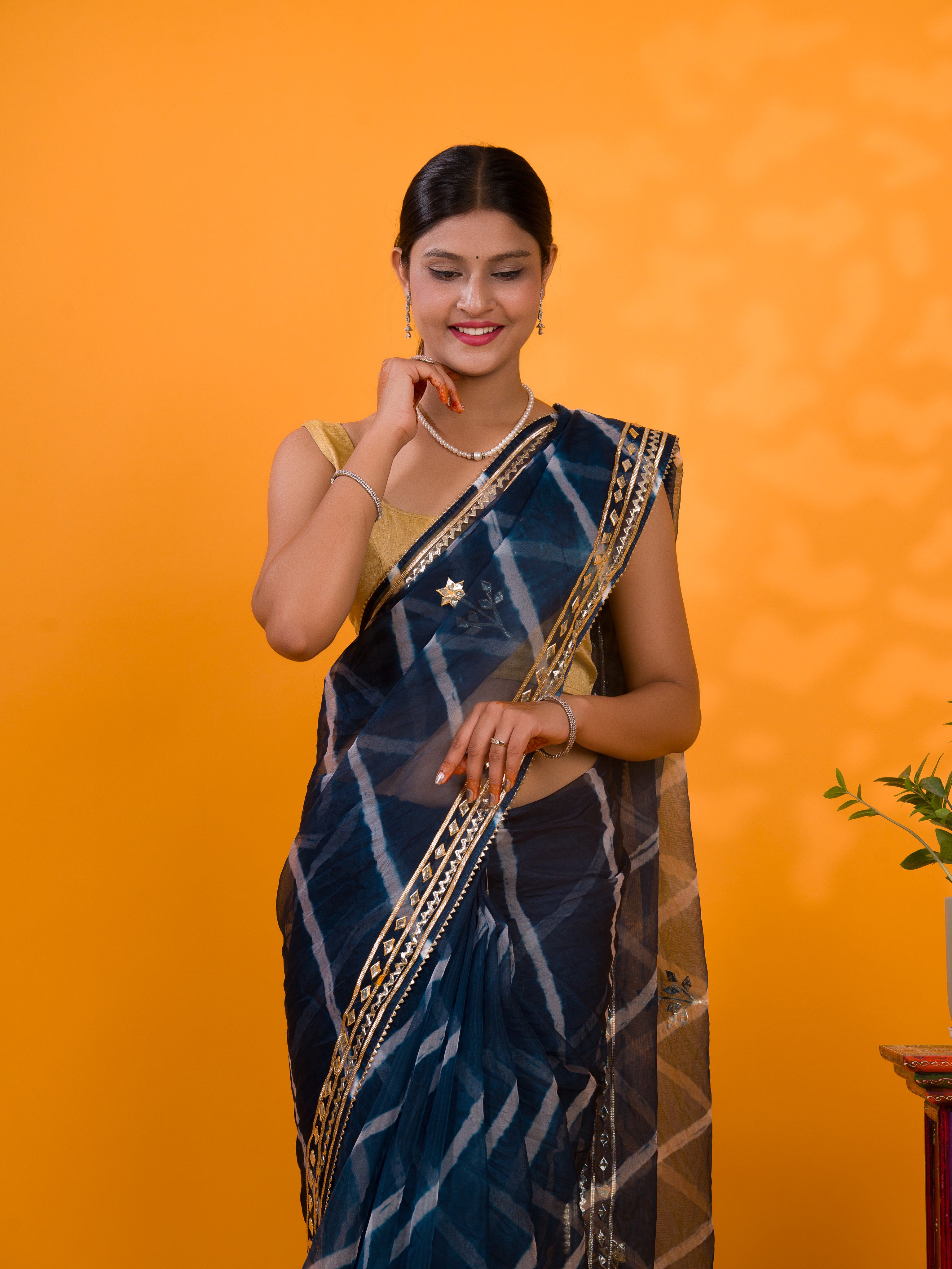 Blue saree with gold borde Organza Leheriya Style With Gotapatti Work