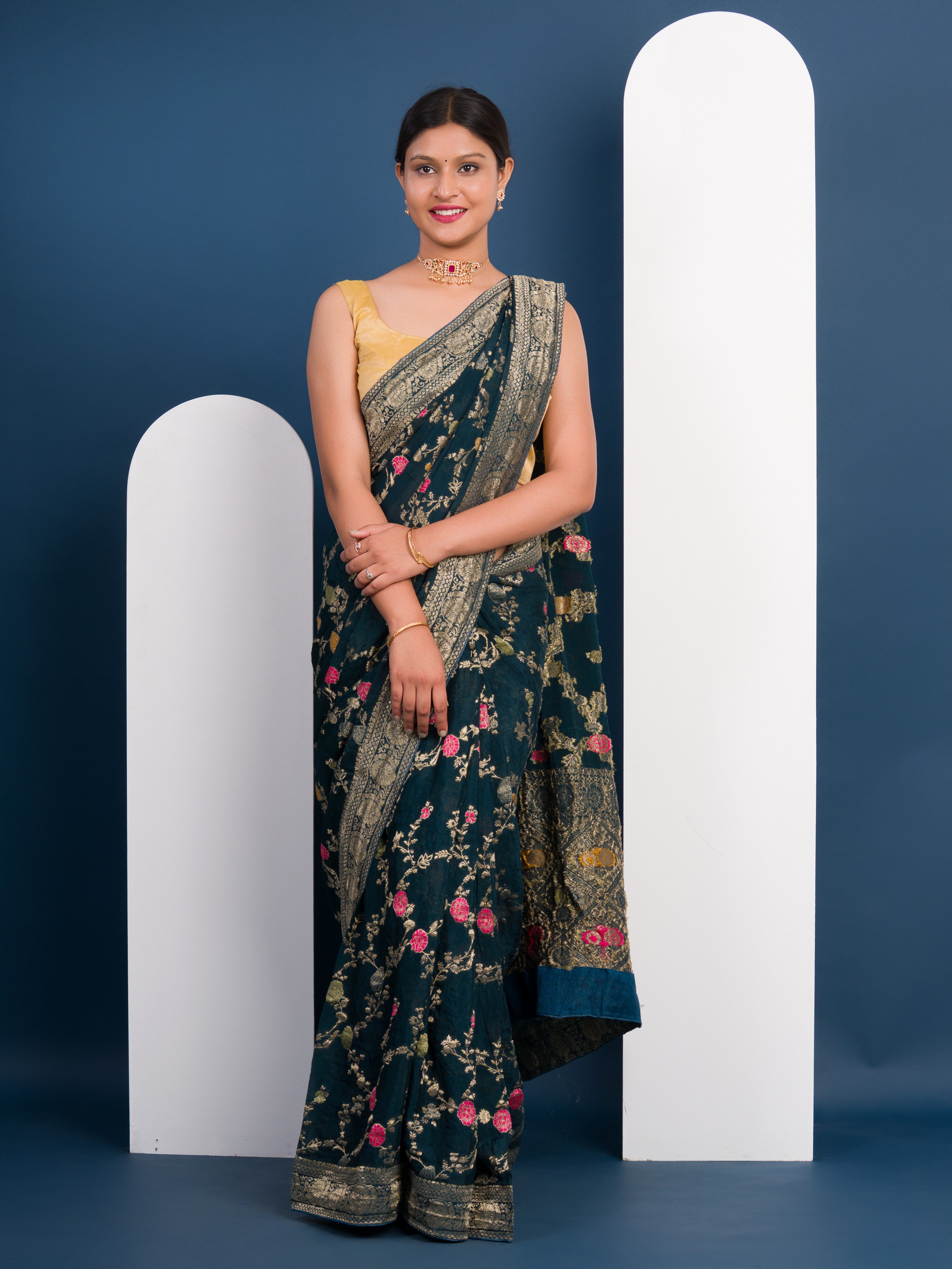 Pure kaddi handloom chiffon saree in green flower print design