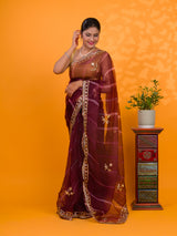 Wine saree with gold borde Organza Leheriya Style With Gotapatti Work
