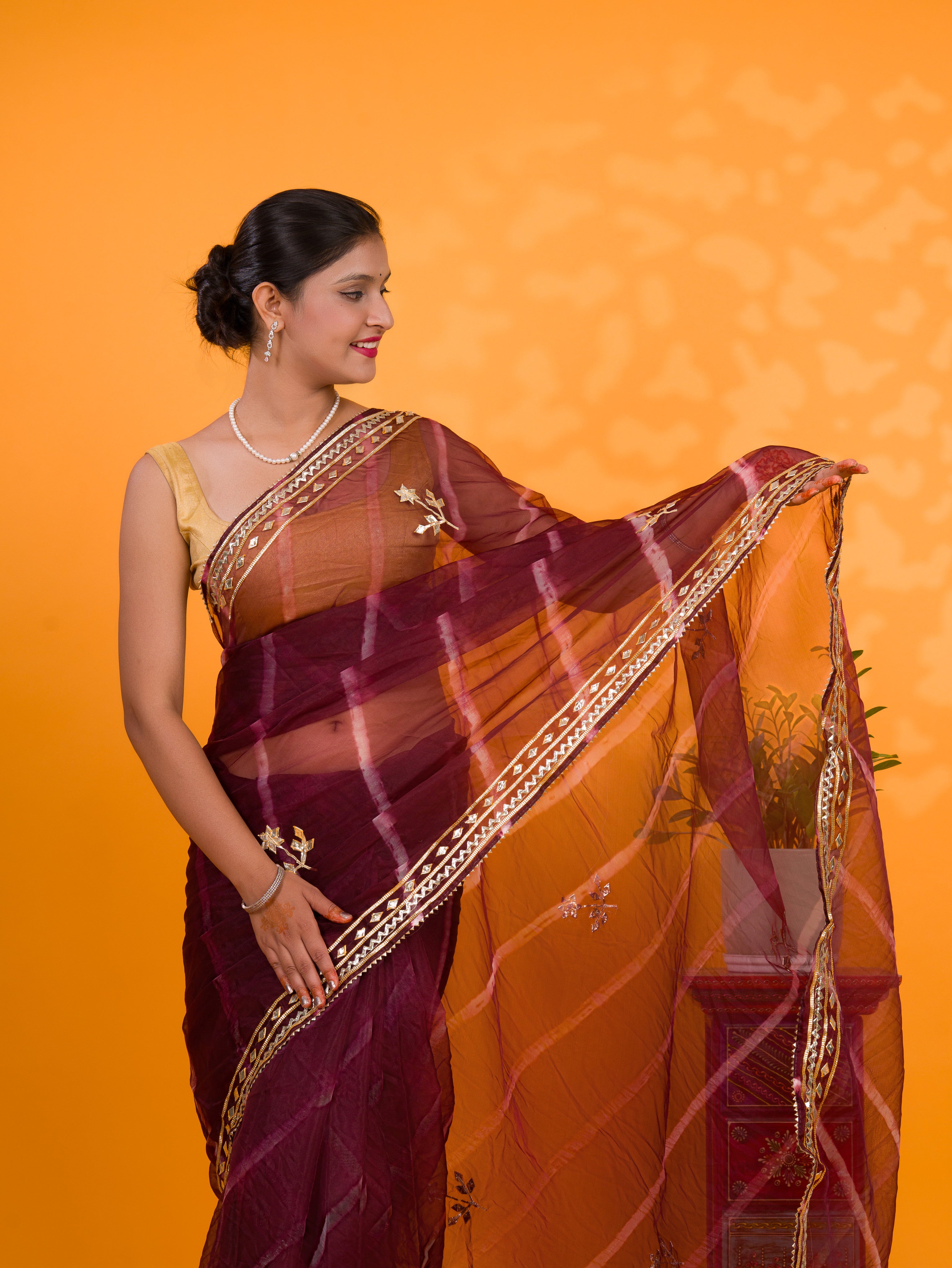 Wine saree with gold borde Organza Leheriya Style With Gotapatti Work