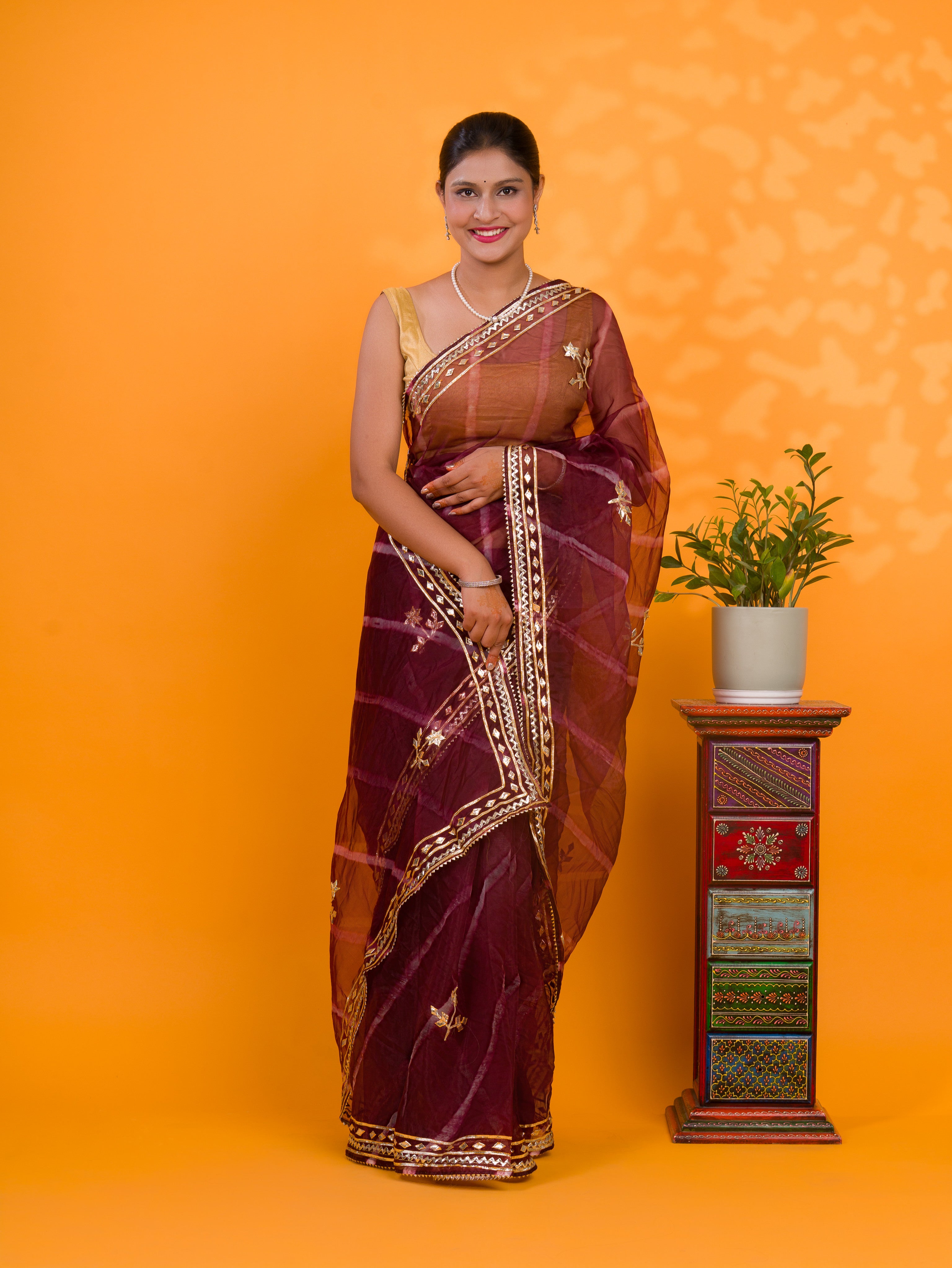 Wine saree with gold borde Organza Leheriya Style With Gotapatti Work