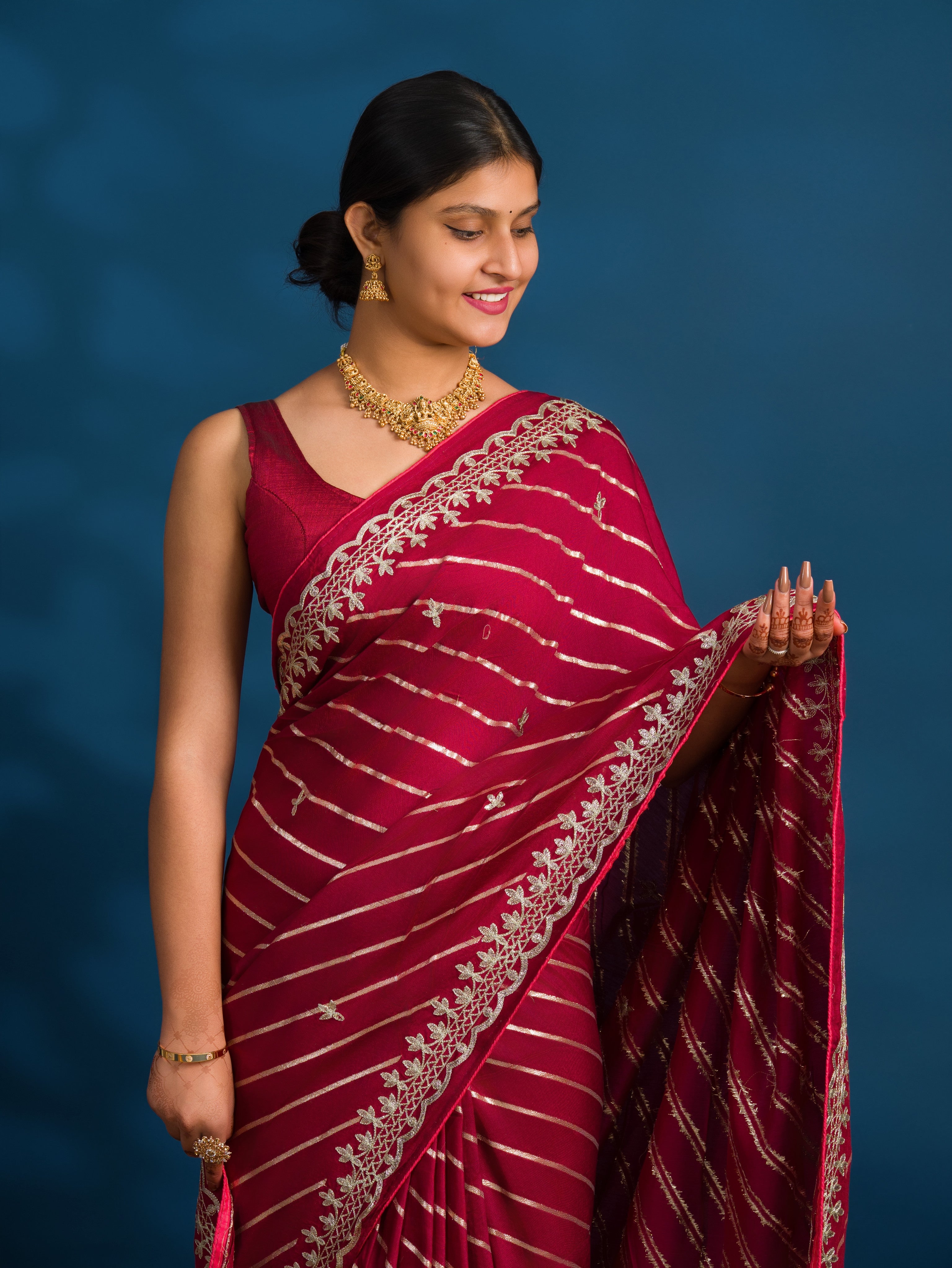 By New Beautiful Leheriya Style With Embroidery Work Saree