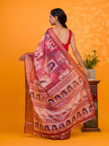 A saree with a kalamkari style pattern in maroon colors, with zari weaving and a Banarasi border. under 1000