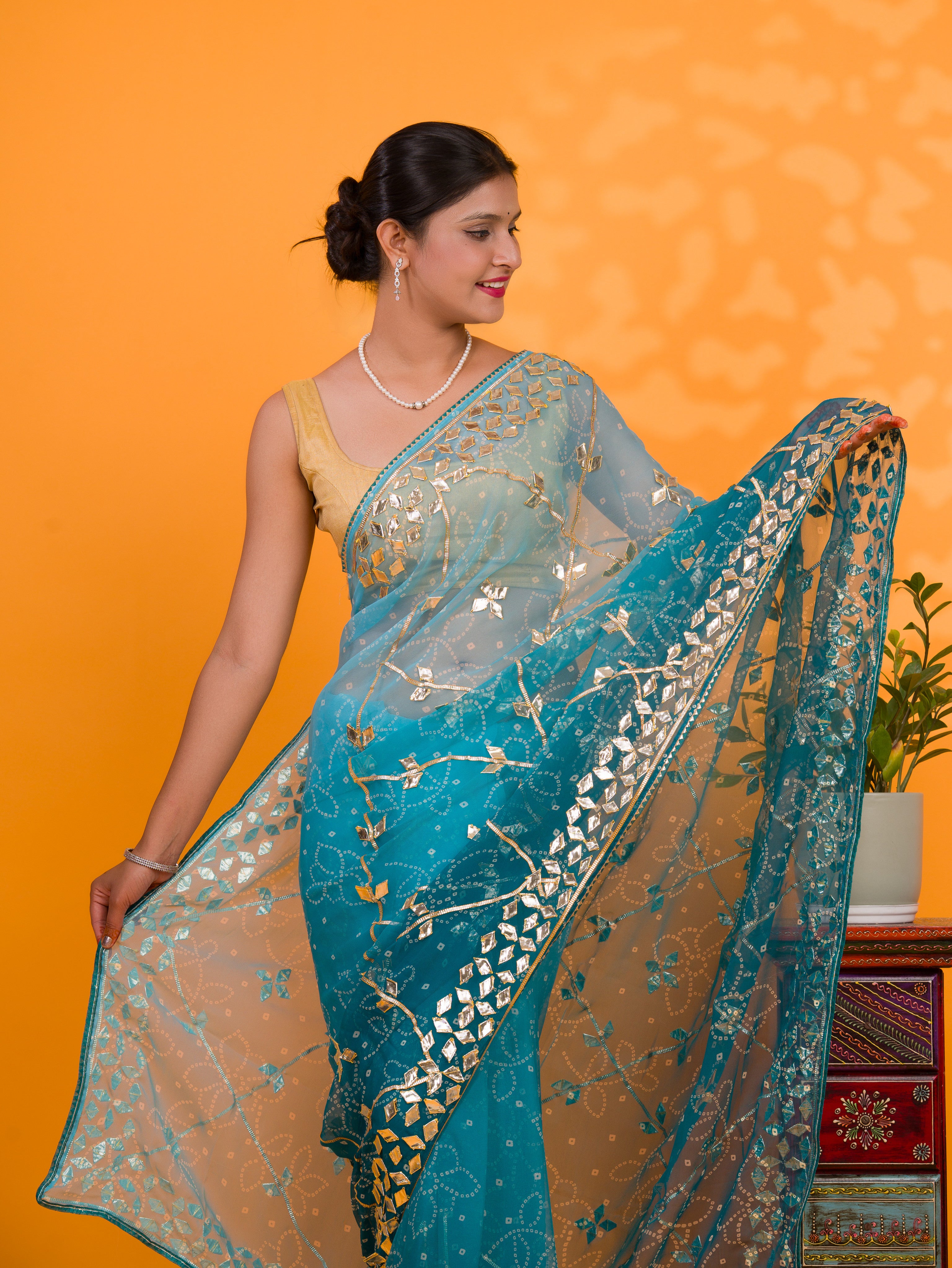Blue saree with gold embroideryChiffon Bandhani Style With Gotapatti Work Saree