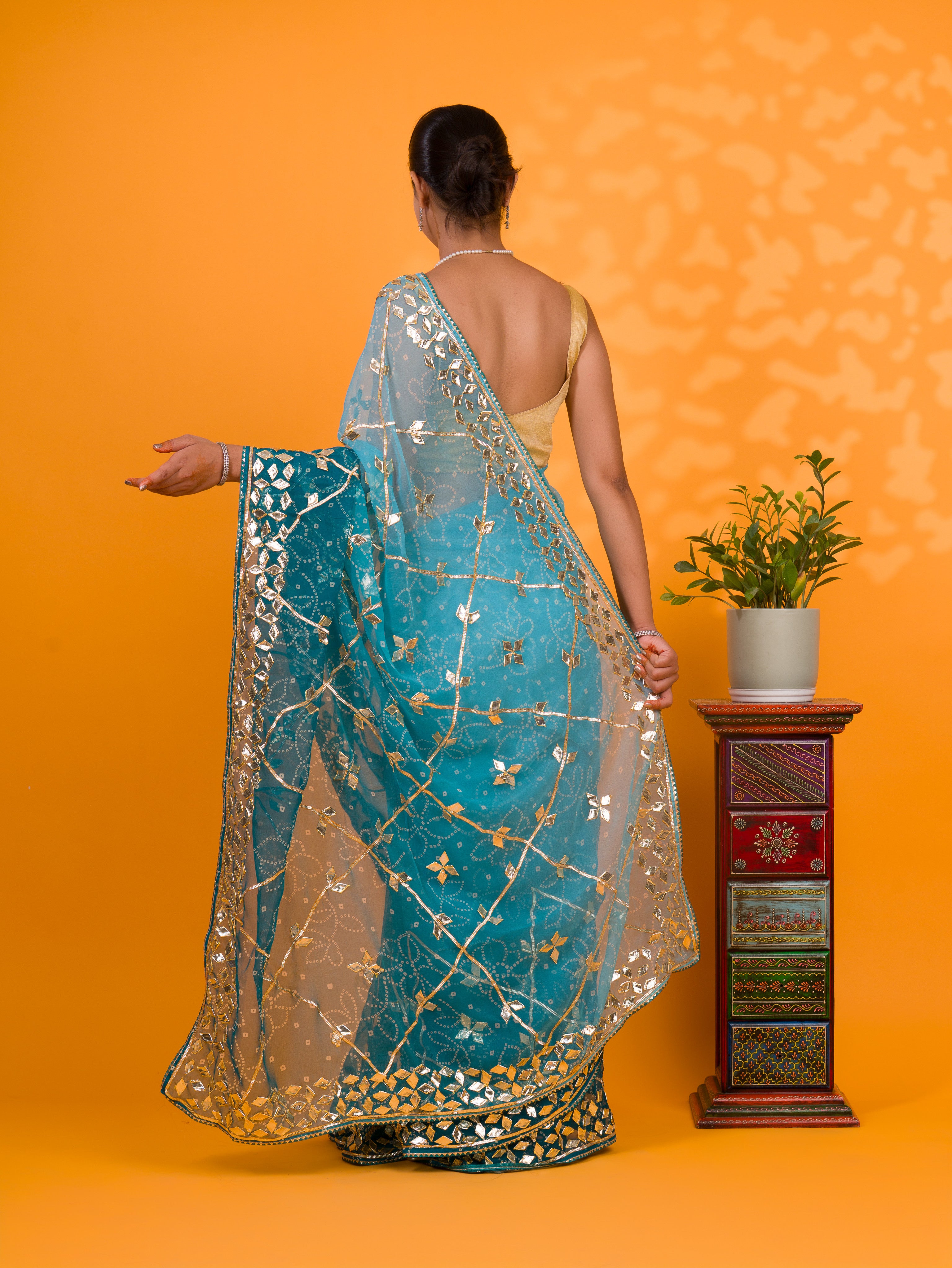 Blue saree with gold embroideryChiffon Bandhani Style With Gotapatti Work Saree