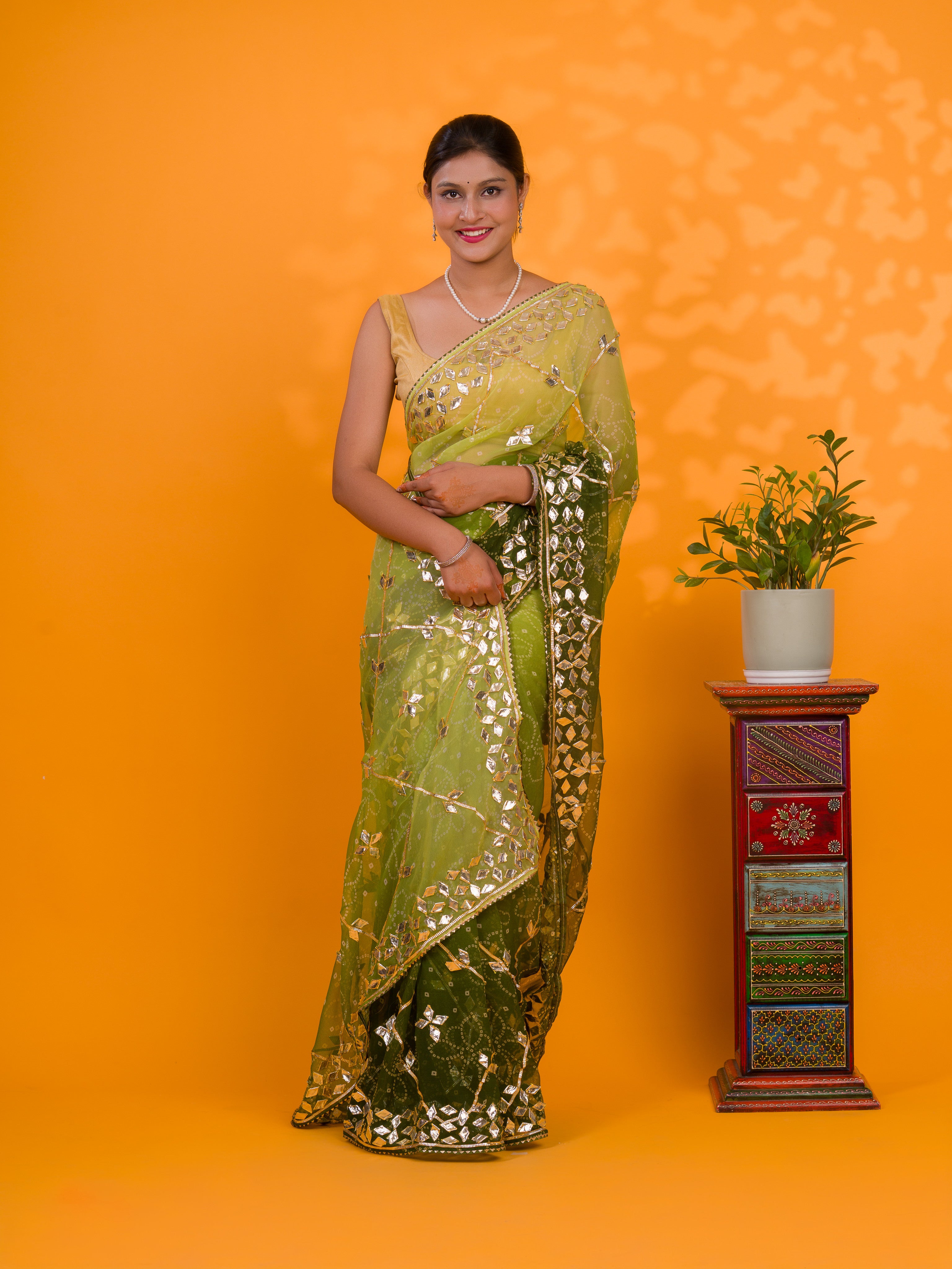 Chiffon Bandhani Style With Gotapatti Work Saree in green colour