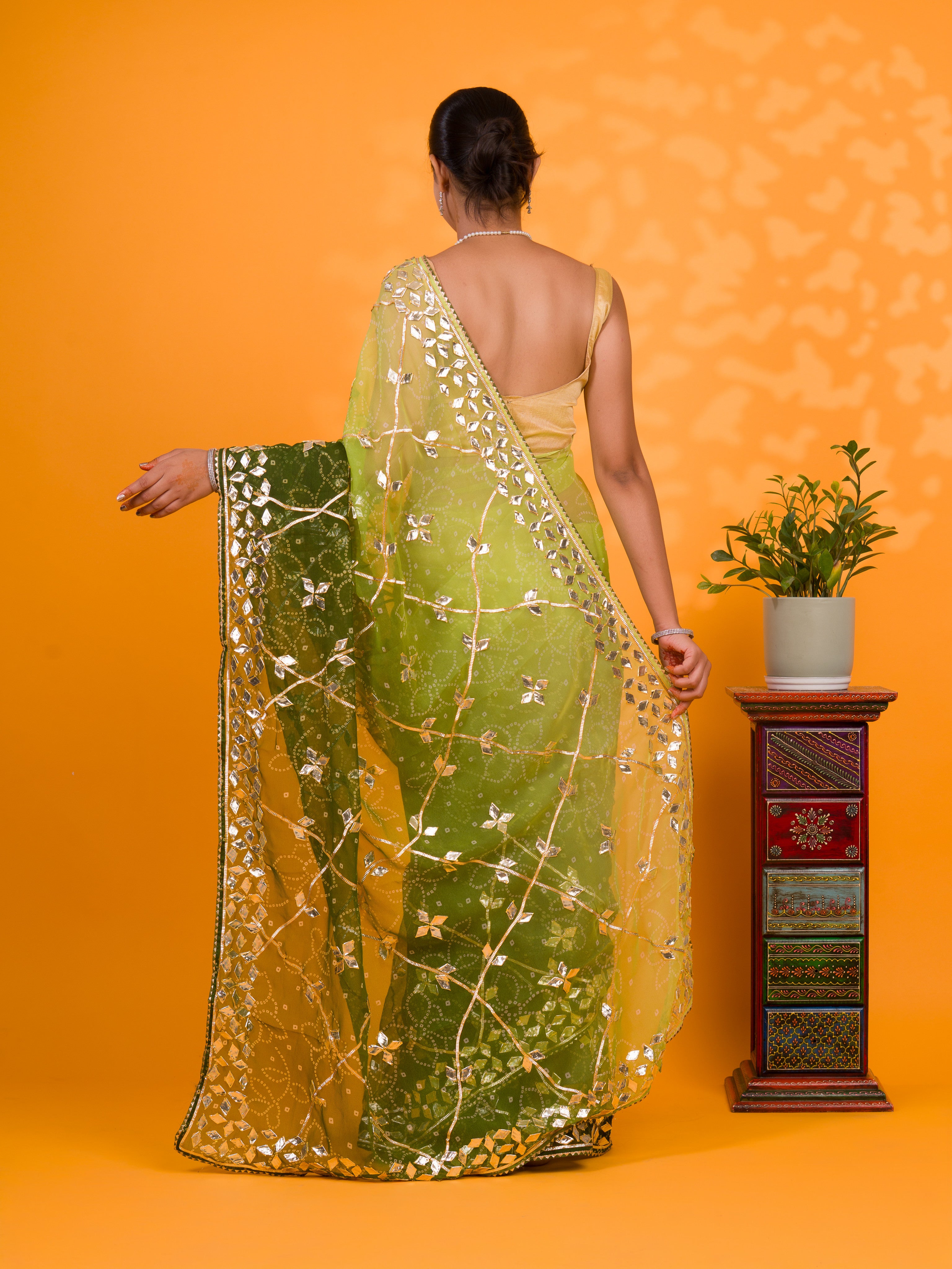 Chiffon Bandhani Style With Gotapatti Work Saree in green colour
