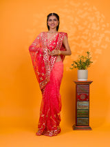 Bright red saree with gold patternsChiffon Bandhani Style With Gotapatti Work Saree