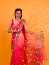Bright red saree with gold patternsChiffon Bandhani Style With Gotapatti Work Saree