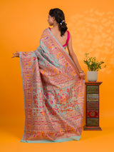 A orenge cotton silk saree with Kashmiri style patterns and Meenakari weaving work.