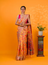A yellow cotton silk saree with Kashmiri style patterns and Meenakari weaving work.