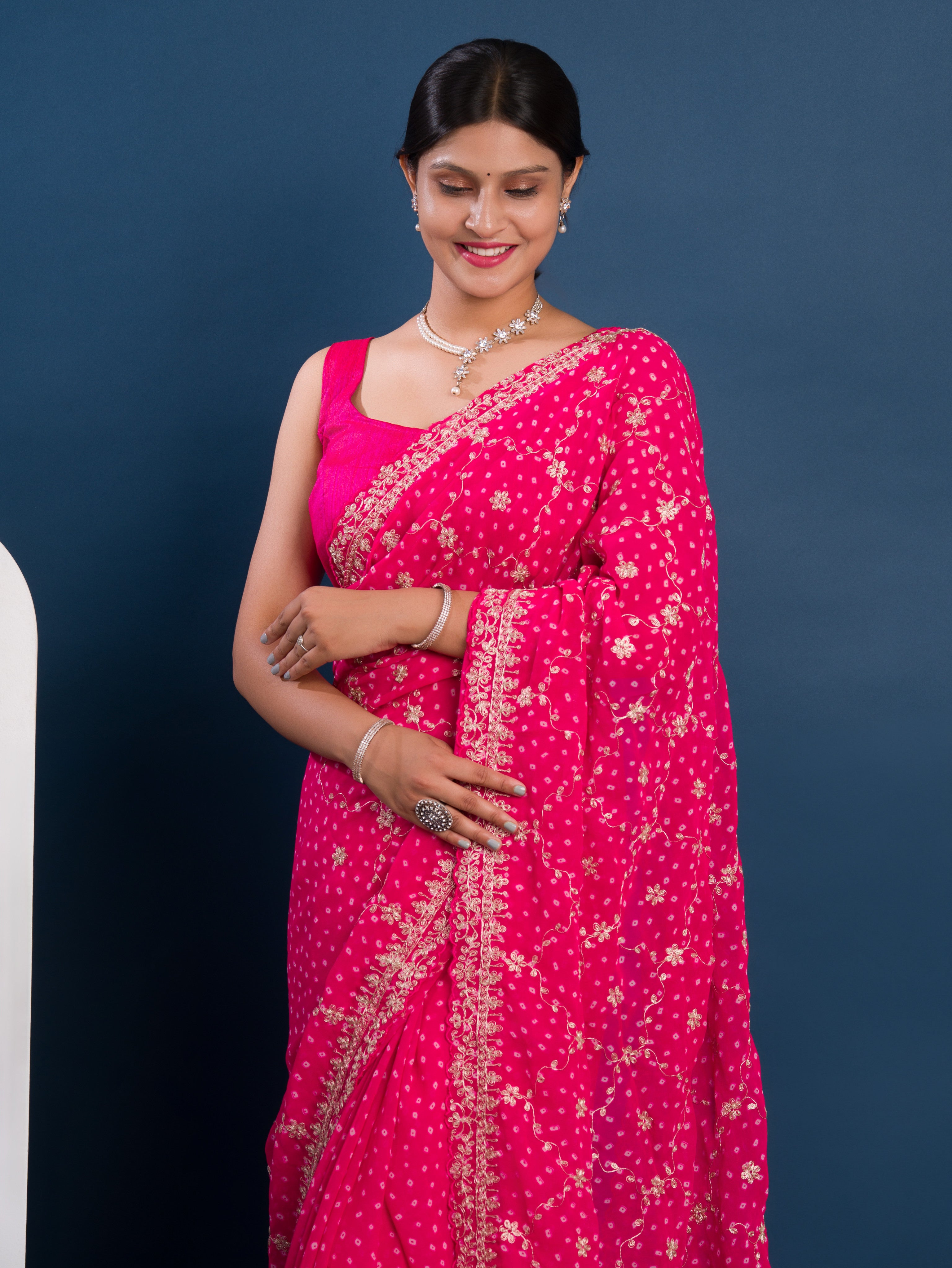 Georgette Bandhani With Pitan Gotapatti Work Saree in pink colour