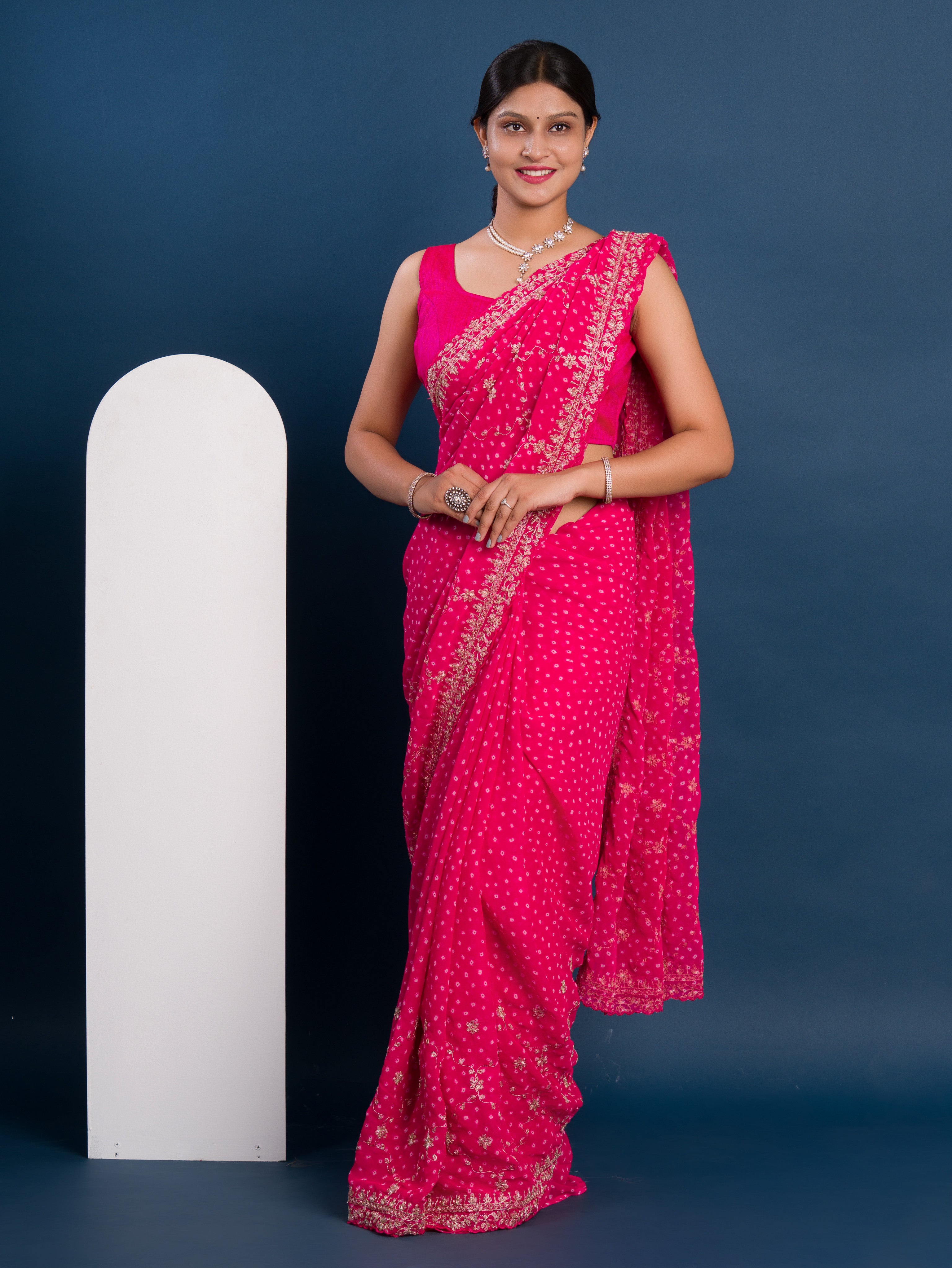 Georgette Bandhani With Pitan Gotapatti Work Saree in pink colour