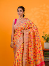 A yellow cotton silk saree with Kashmiri style patterns and Meenakari weaving work.