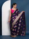 navy blue saree with gold and pink pattern with Bandhani Zari Weaving Work