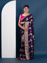 navy blue saree with gold and pink pattern with Bandhani Zari Weaving Work