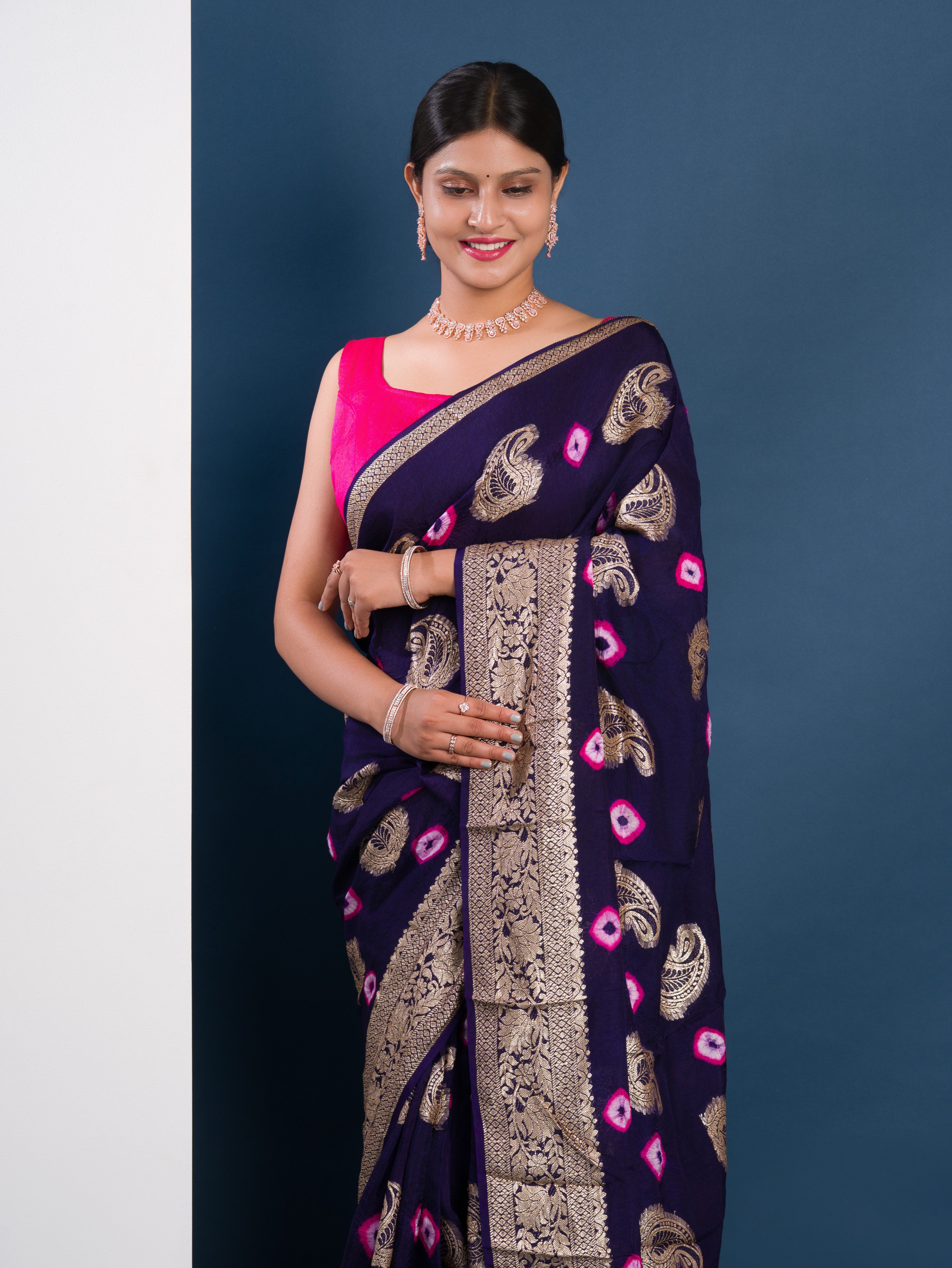 navy blue saree with gold and pink pattern with Bandhani Zari Weaving Work