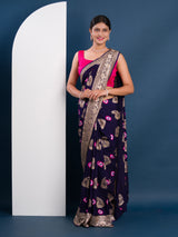 navy blue saree with gold and pink pattern with Bandhani Zari Weaving Work