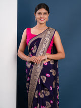 navy blue saree with gold and pink pattern with Bandhani Zari Weaving Work