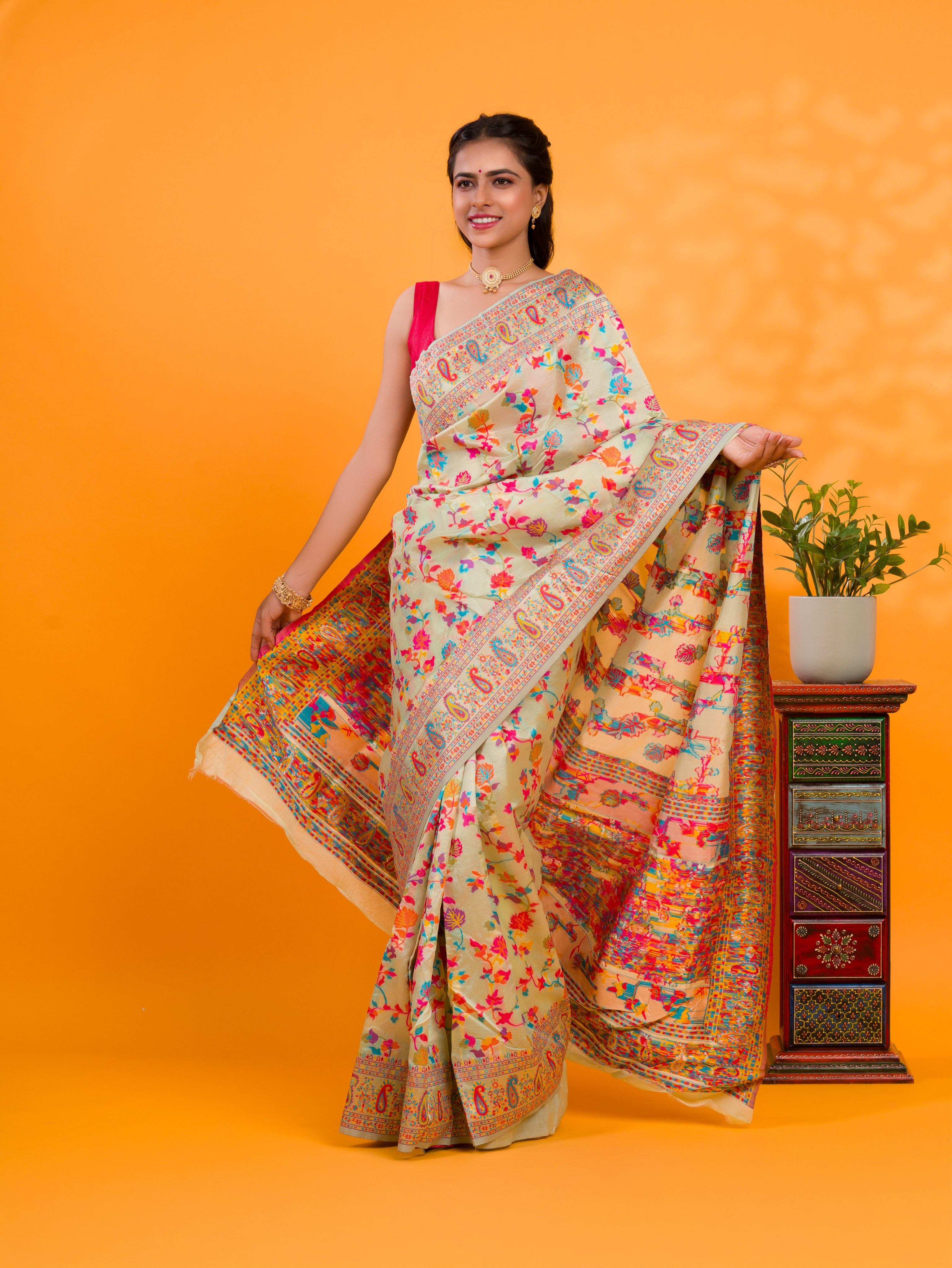 Cotton Silk Kashmiri Style With Meenakari weavingwork Saree