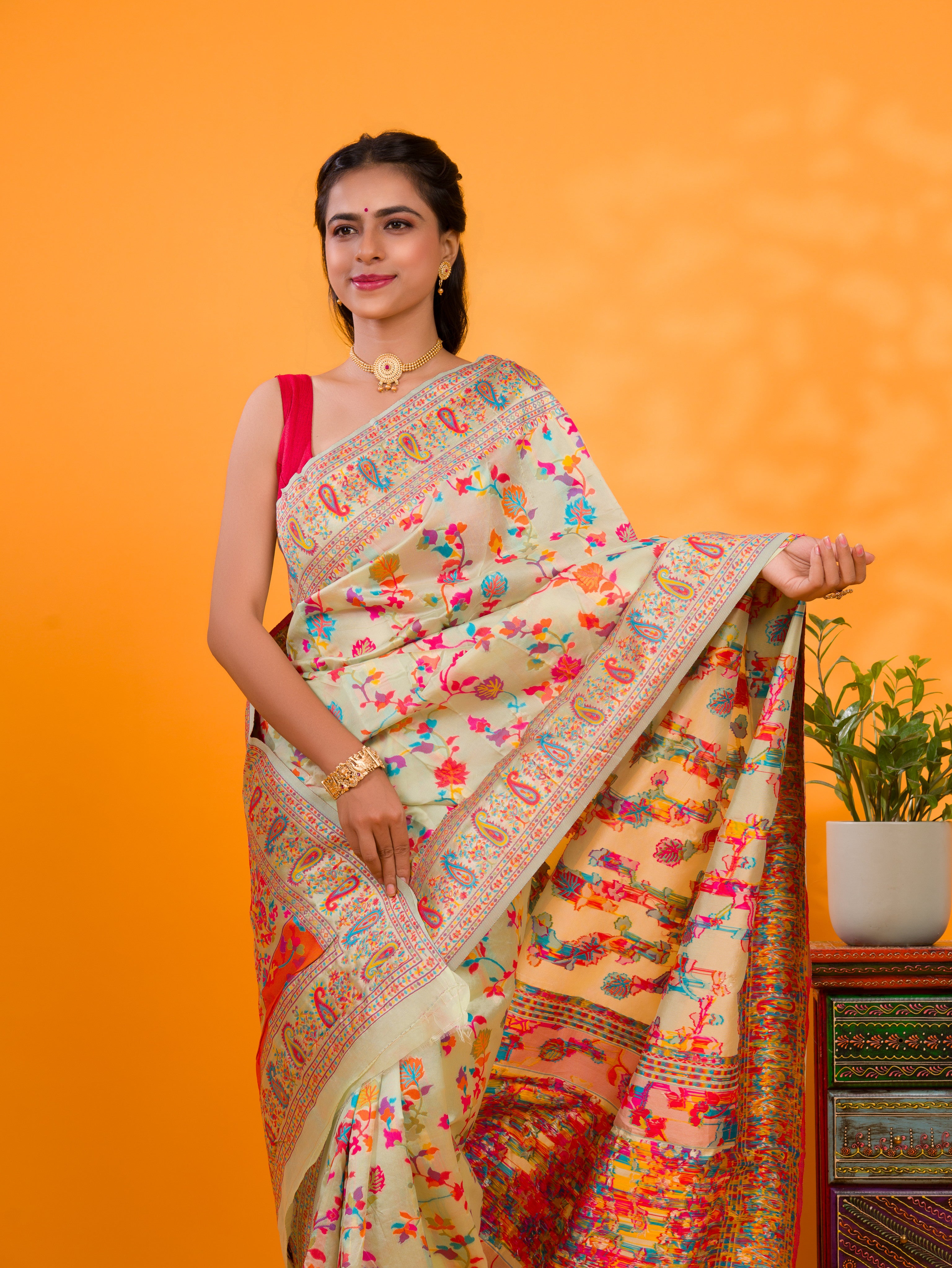 Cotton Silk Kashmiri Style With Meenakari weavingwork Saree