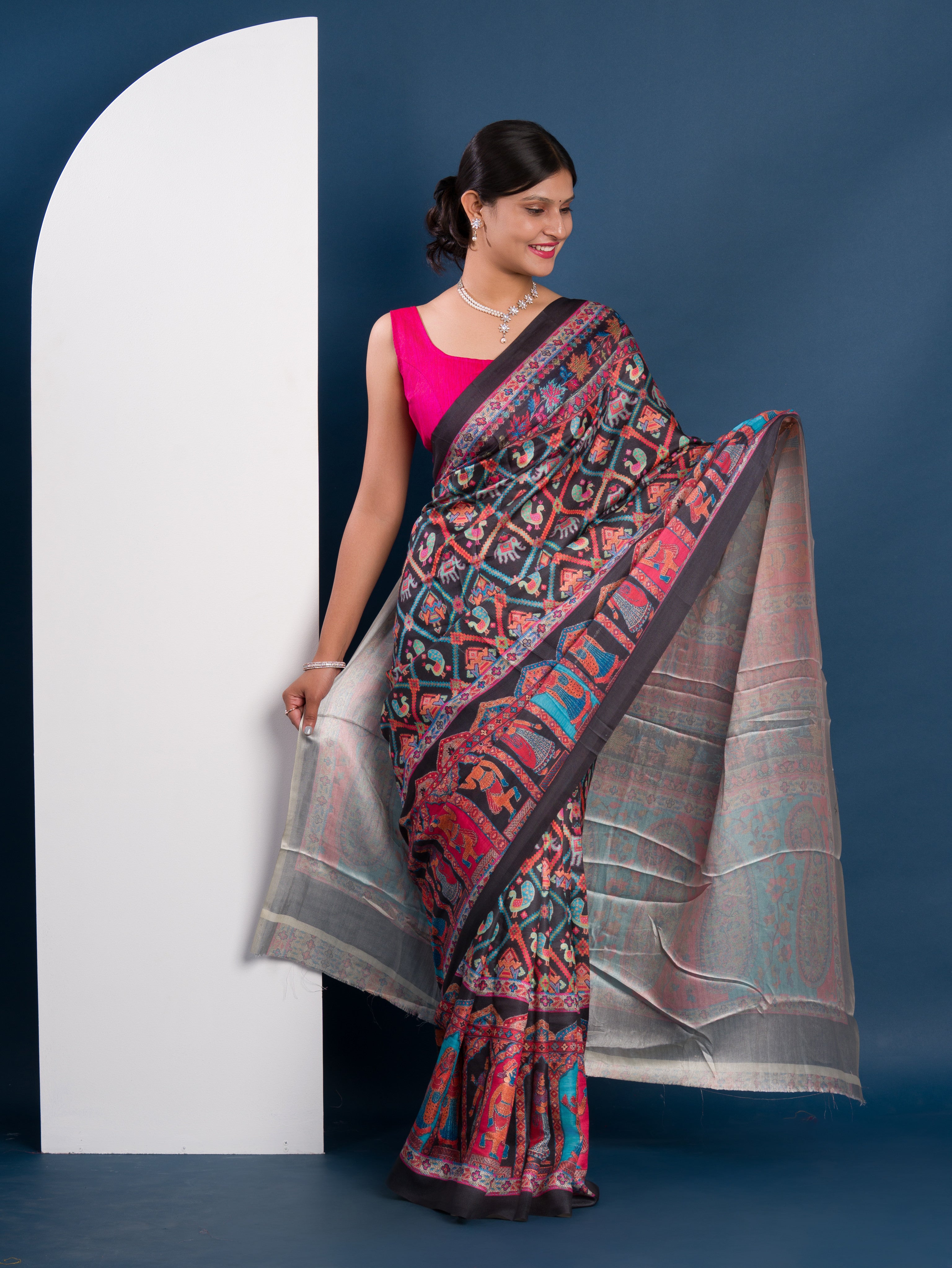 Pashmina Soft Silk Pashmina Style With Digital Print Work Saree in black colour