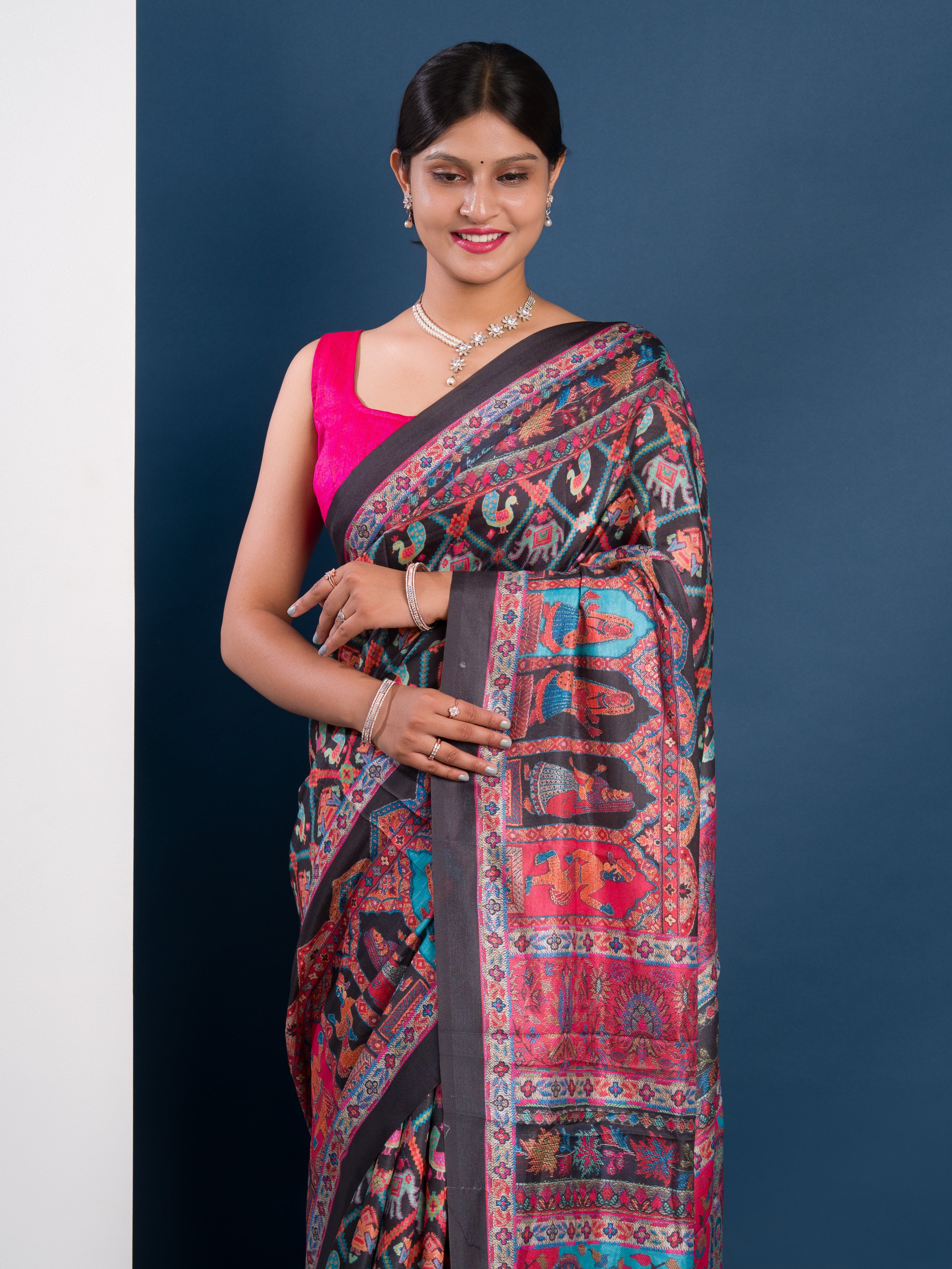 Pashmina Soft Silk Pashmina Style With Digital Print Work Saree in black colour