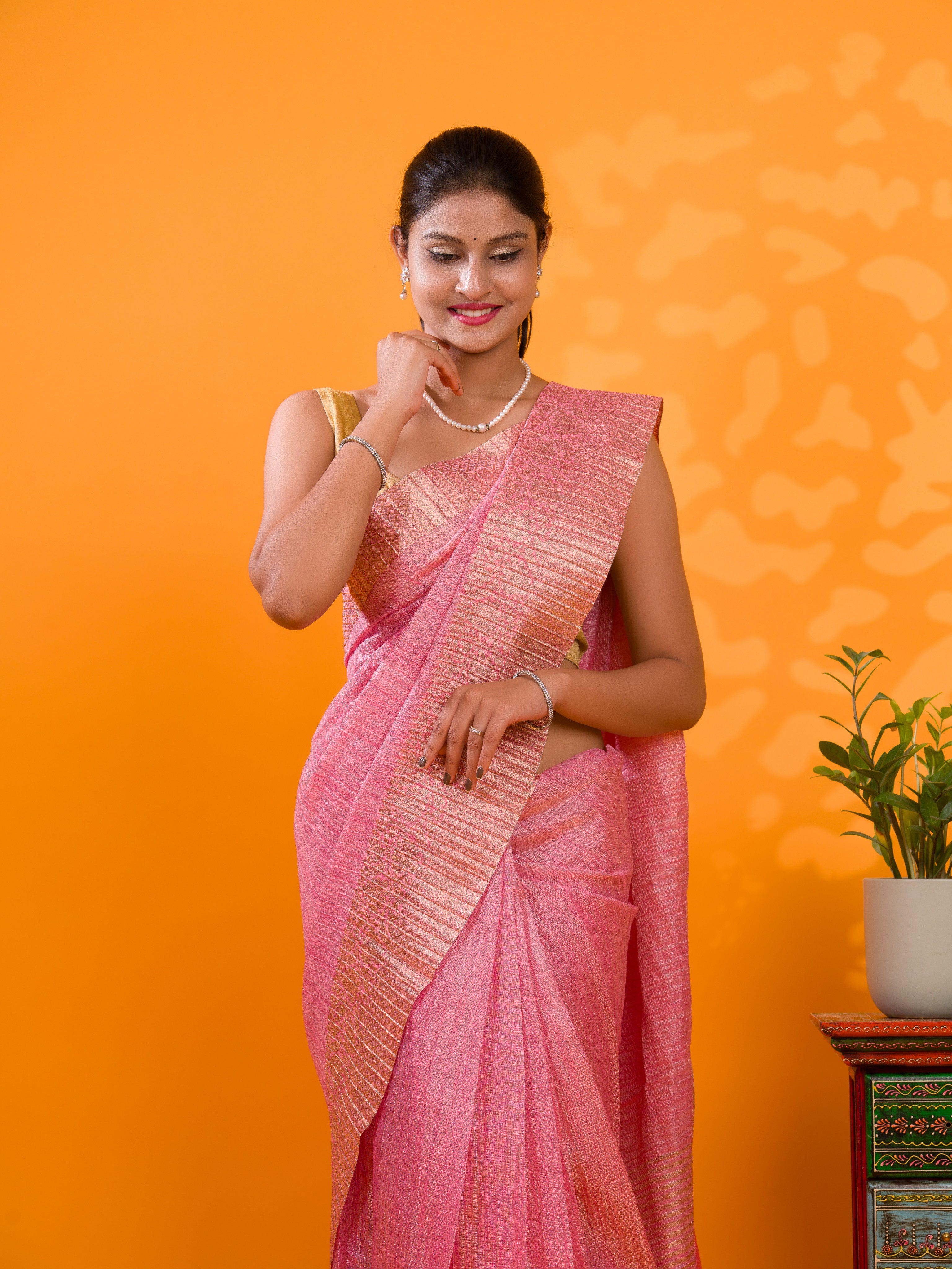 By New Tissue Silk Banarasi style With Zari border Work Saree