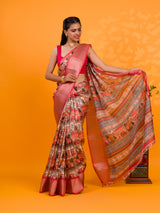 A saree with a kalamkari style pattern in red colors, with zari weaving and a Banarasi border. under 1000