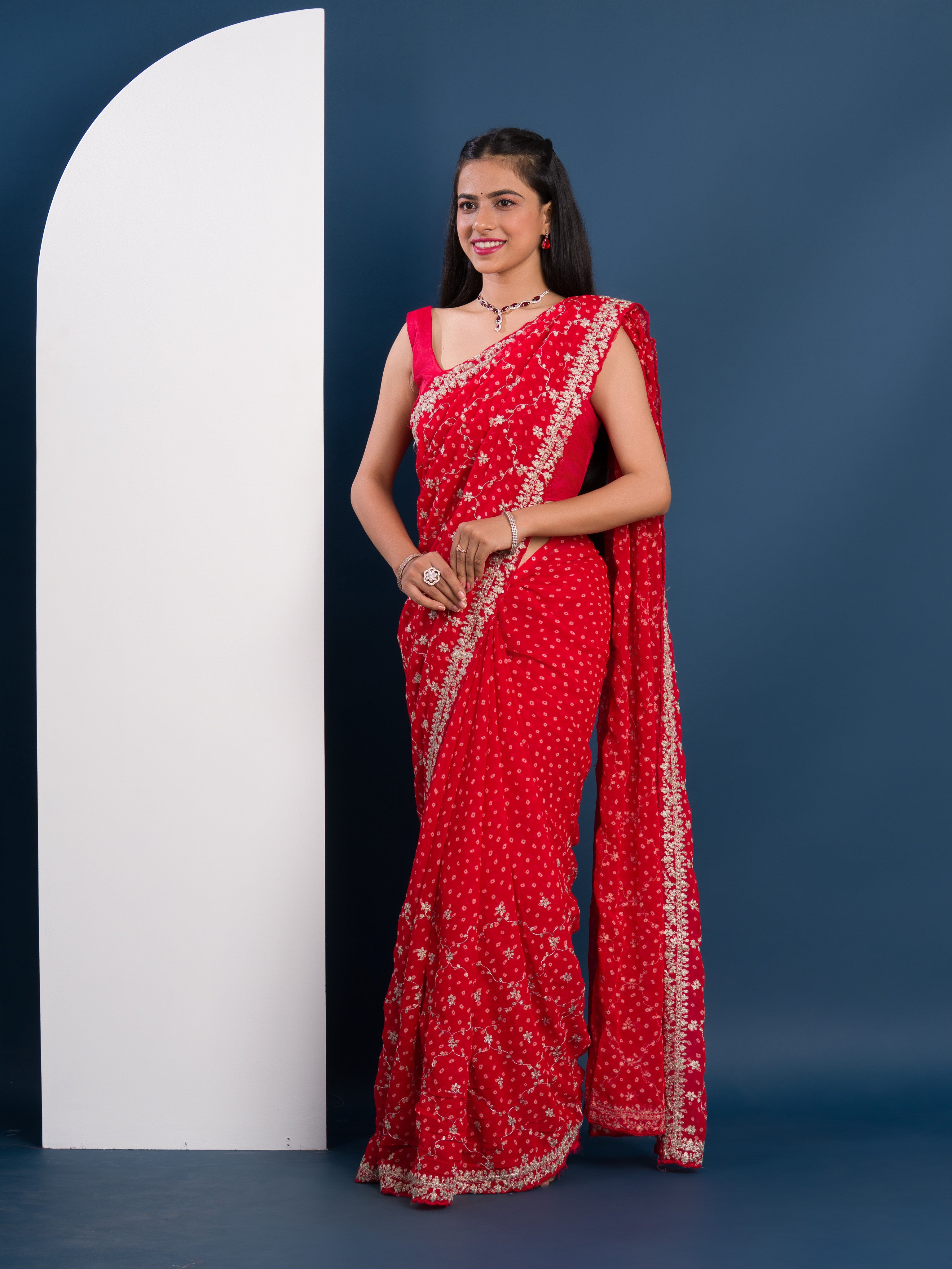Georgette Bandhani With Pitan Gotapatti Work Saree in red colour