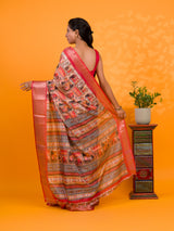 A saree with a kalamkari style pattern in red colors, with zari weaving and a Banarasi border. under 1000