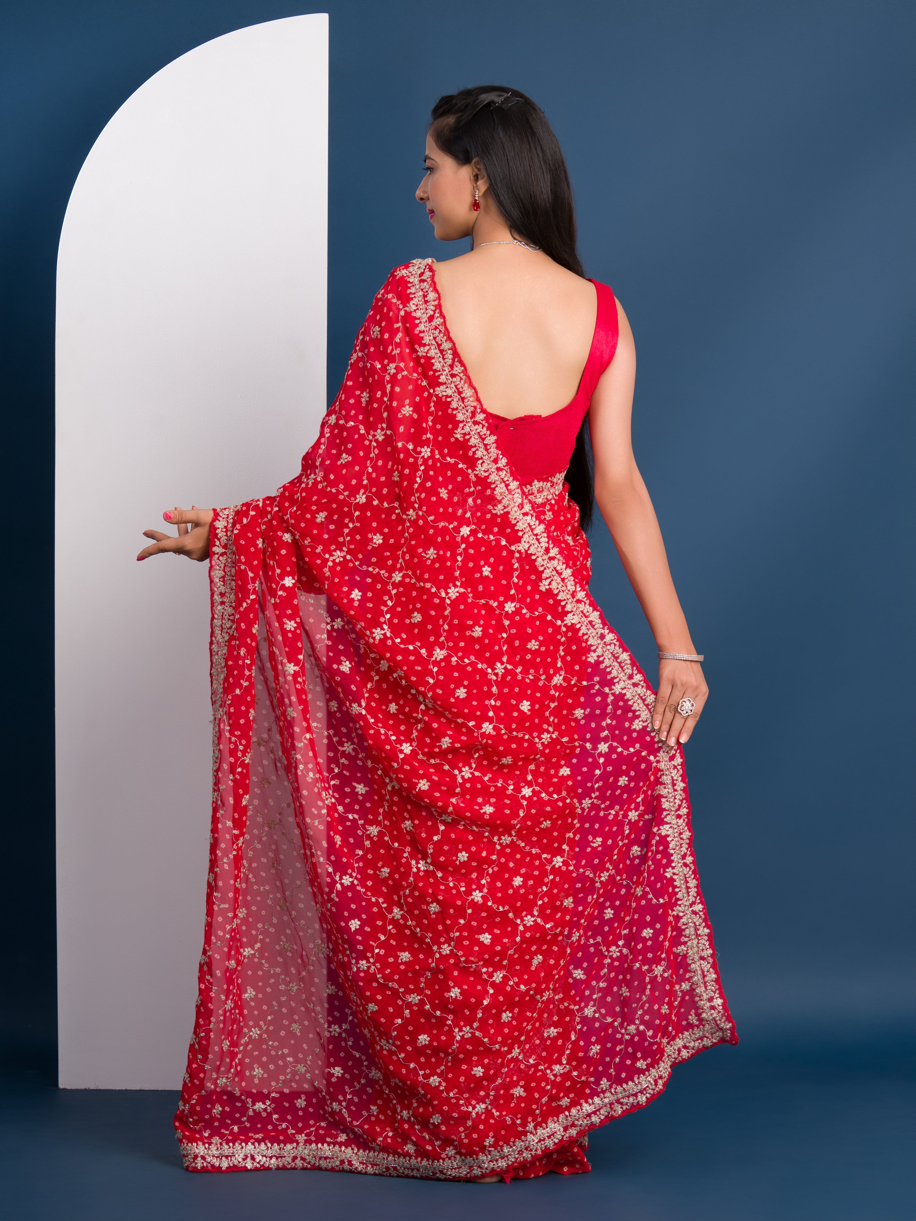 Georgette Bandhani With Pitan Gotapatti Work Saree in red colour