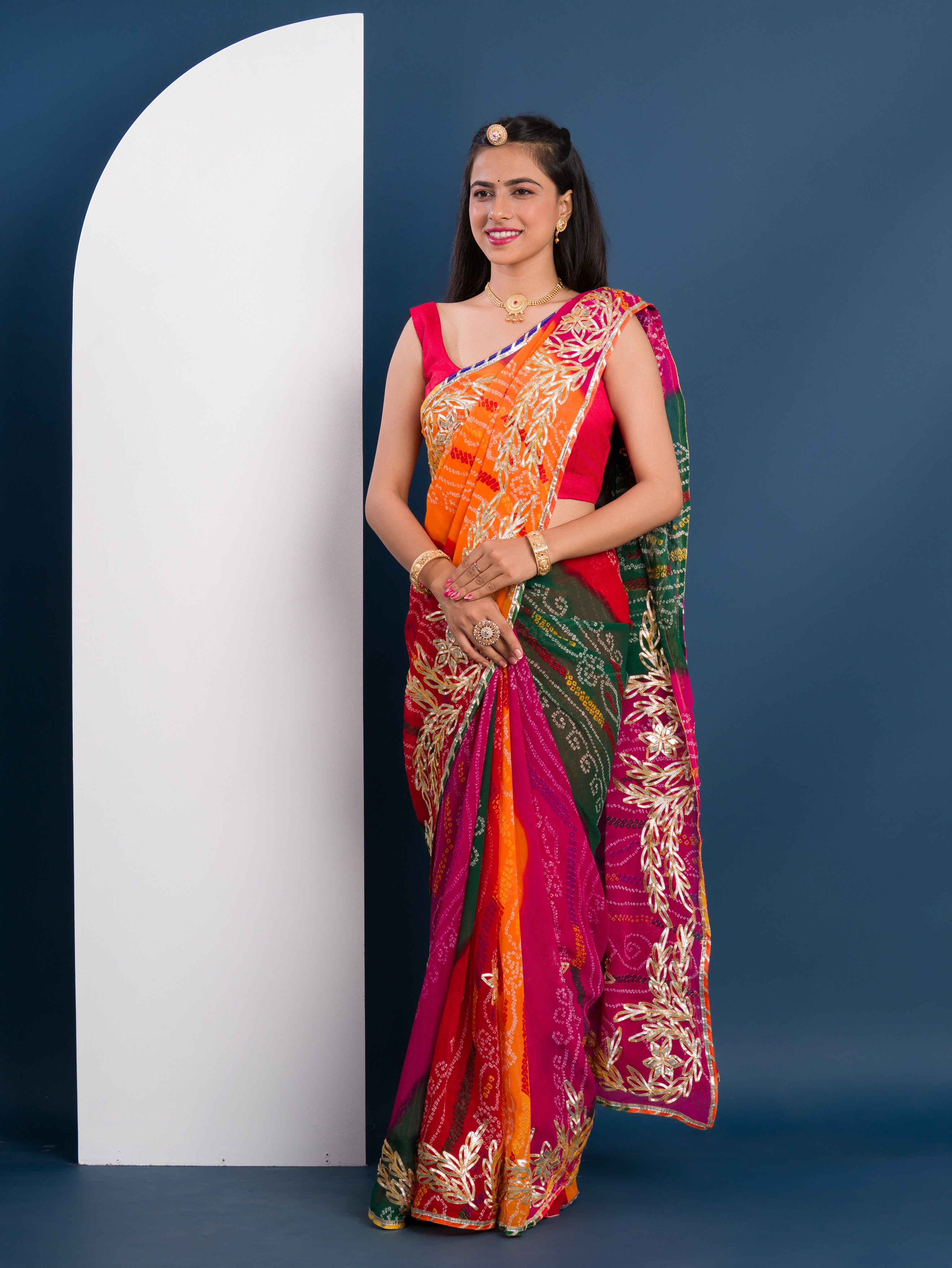 pachrangi saree in lahariya style with gotapati work
