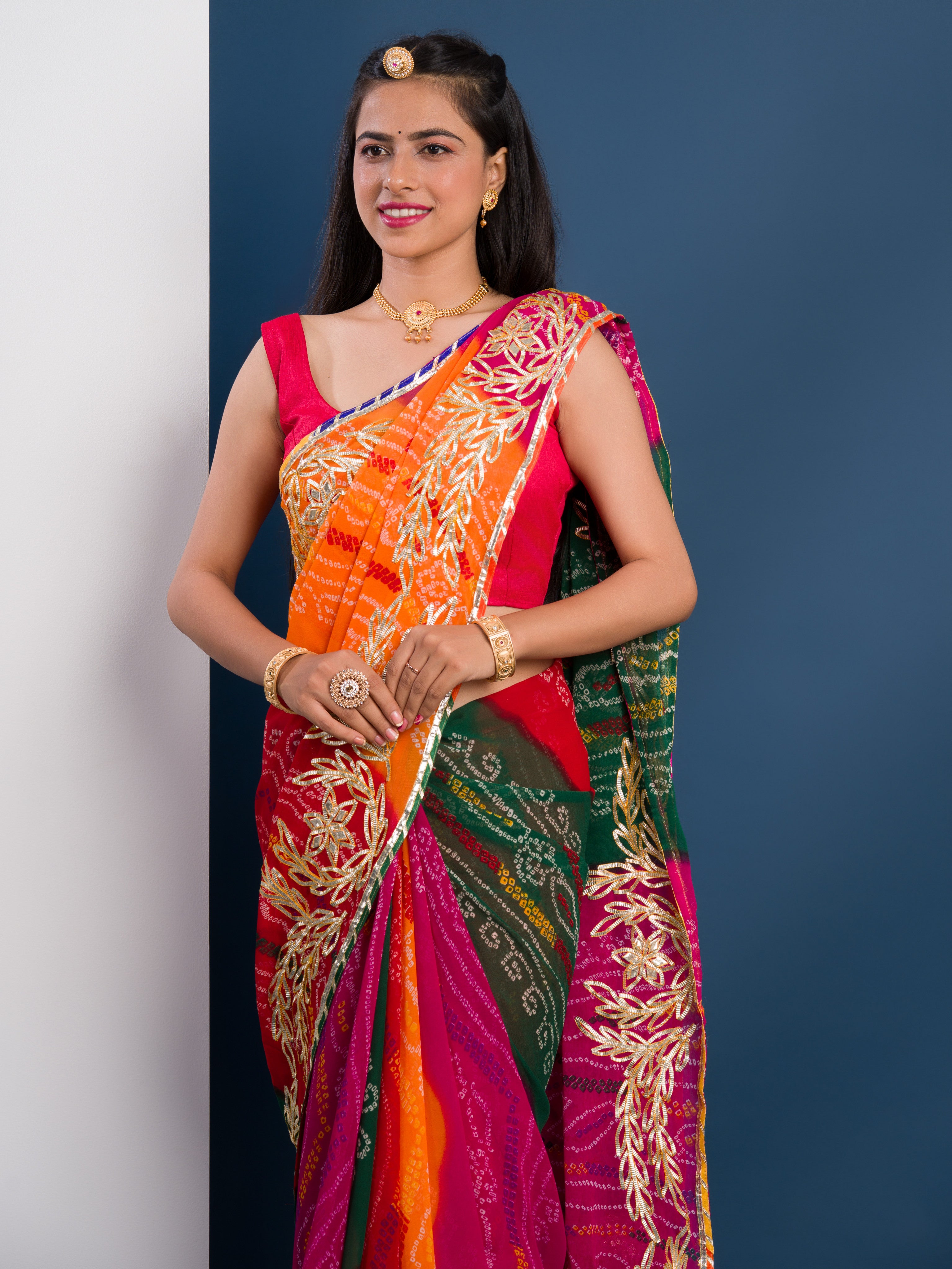 pachrangi saree in lahariya style with gotapati work