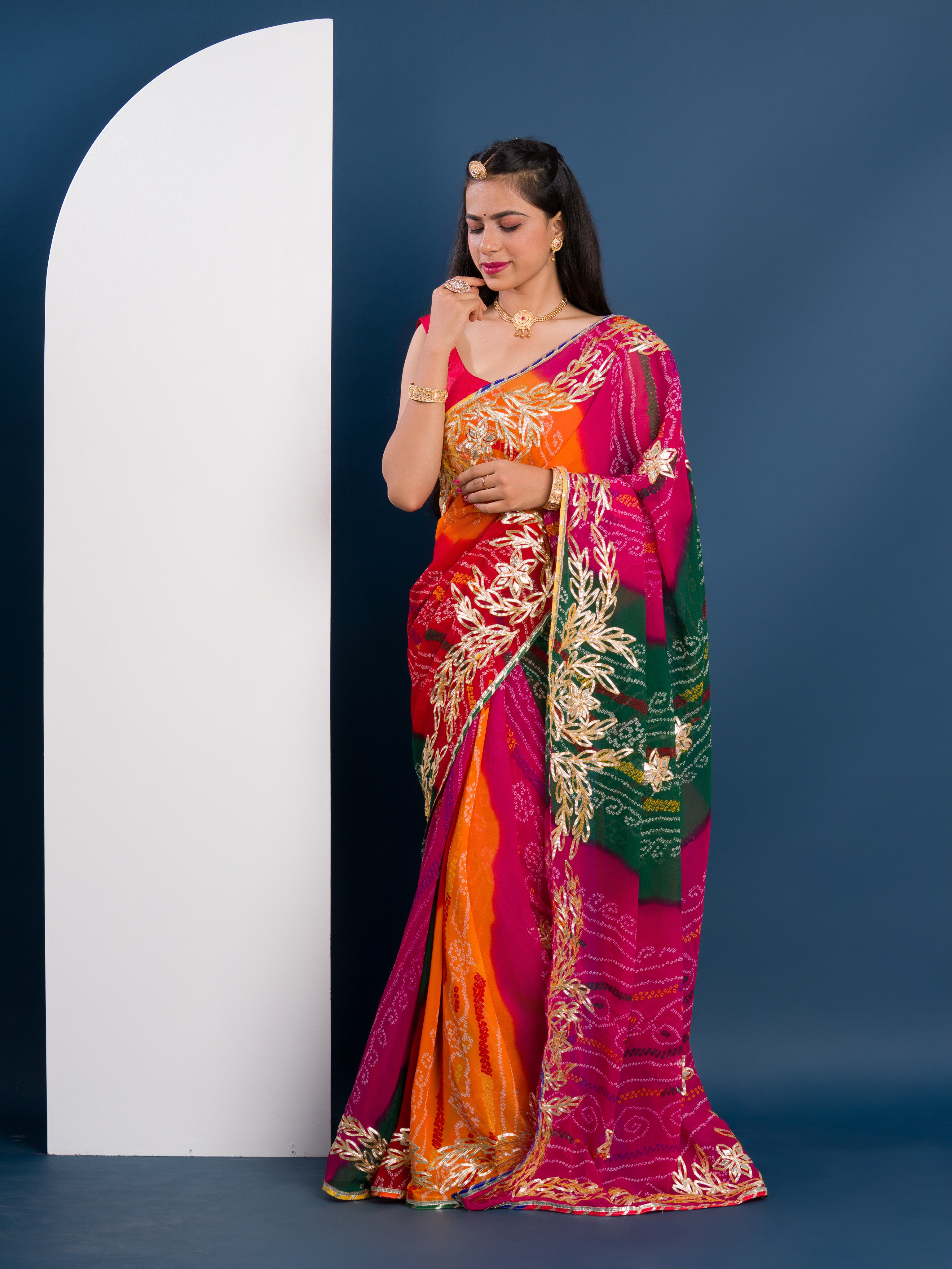 pachrangi saree in lahariya style with gotapati work