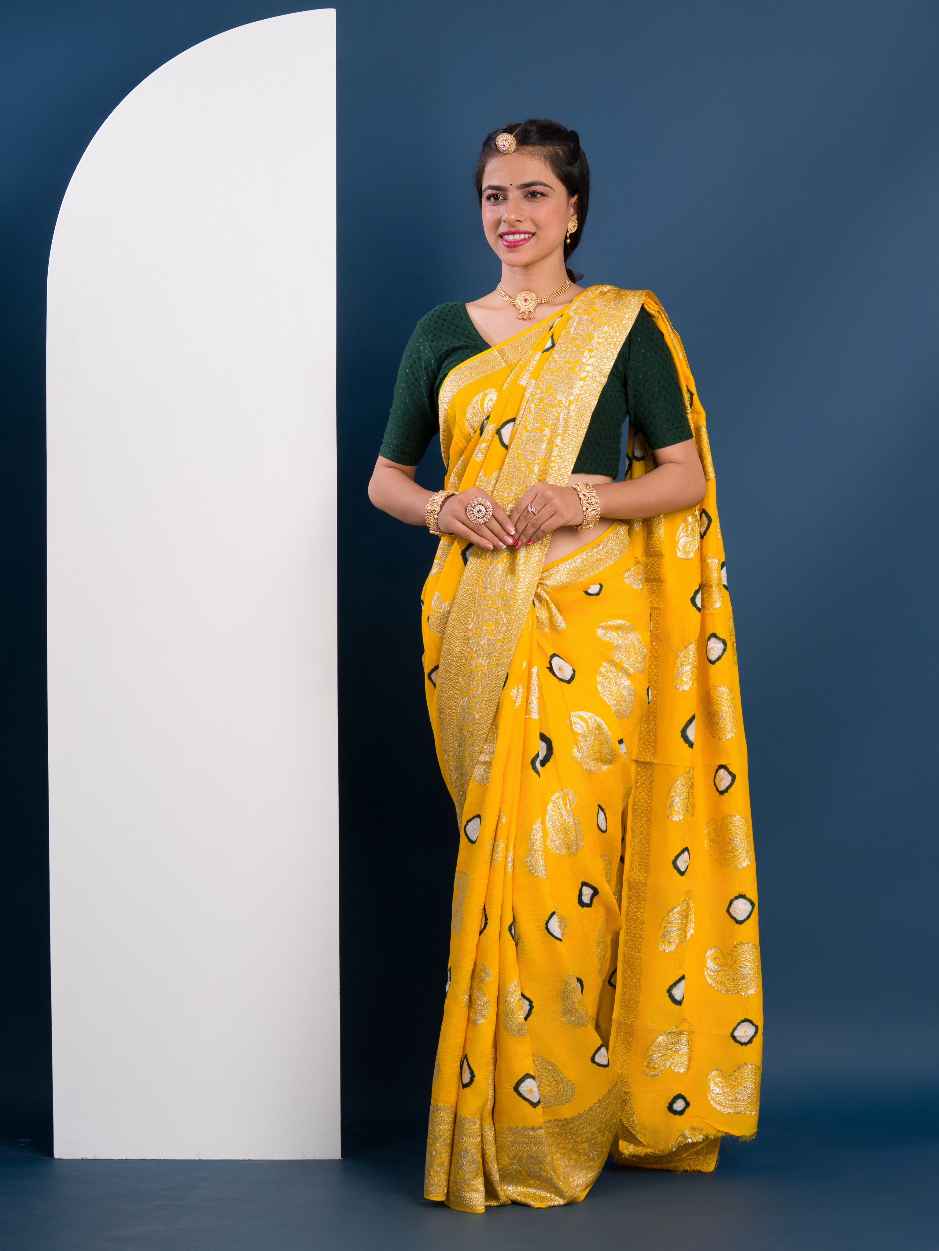 Dola Silk Bandhani Zari Weaving Work Saree in yellow colour