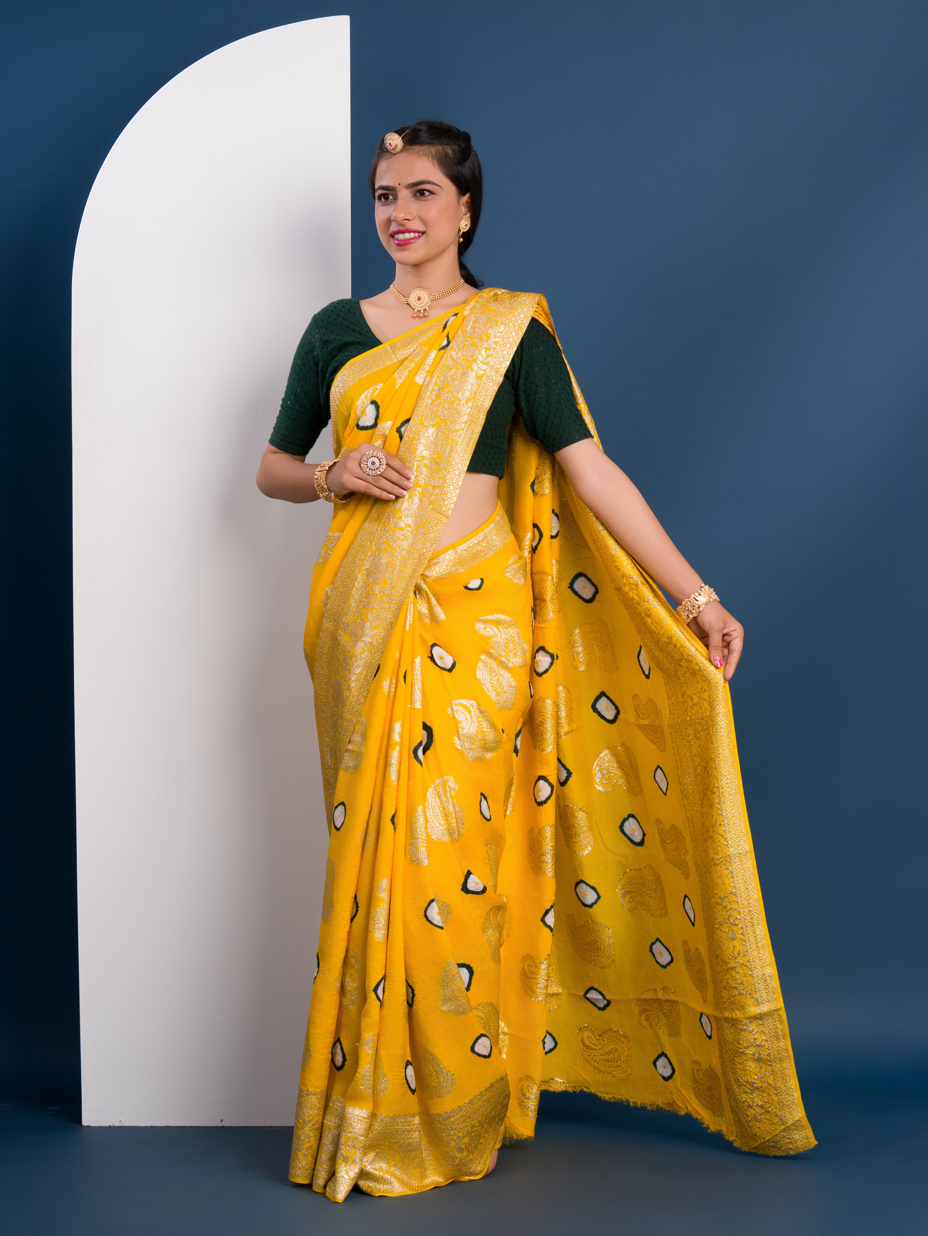 Dola Silk Bandhani Zari Weaving Work Saree in yellow colour