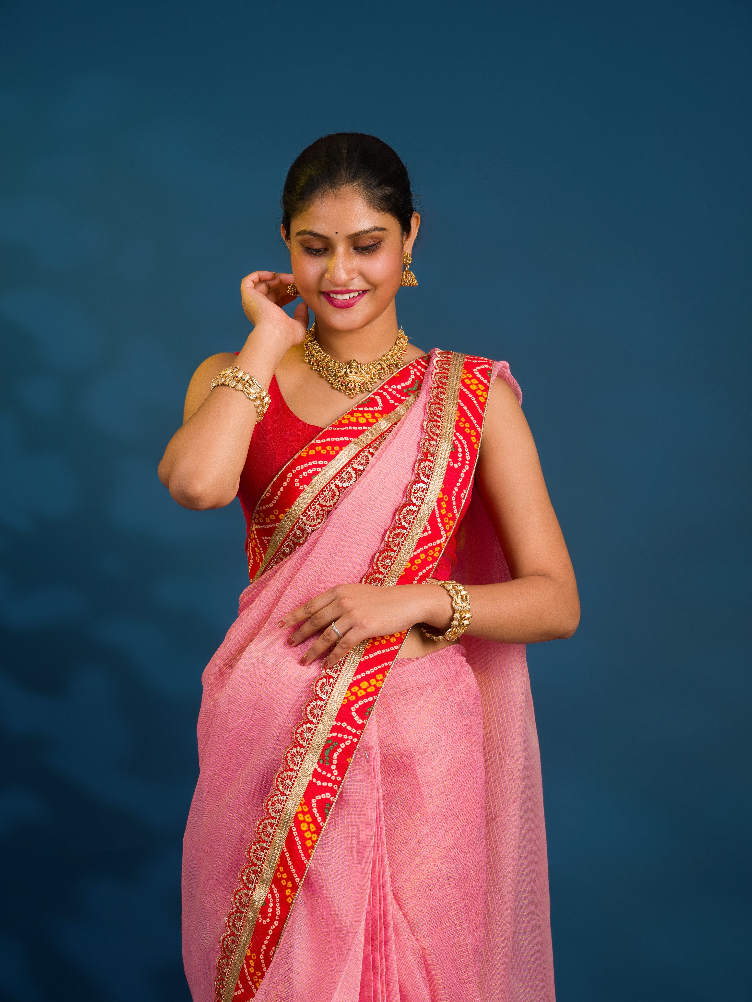 By New One Embroidery Bandhani Border Kota Doriya Saree