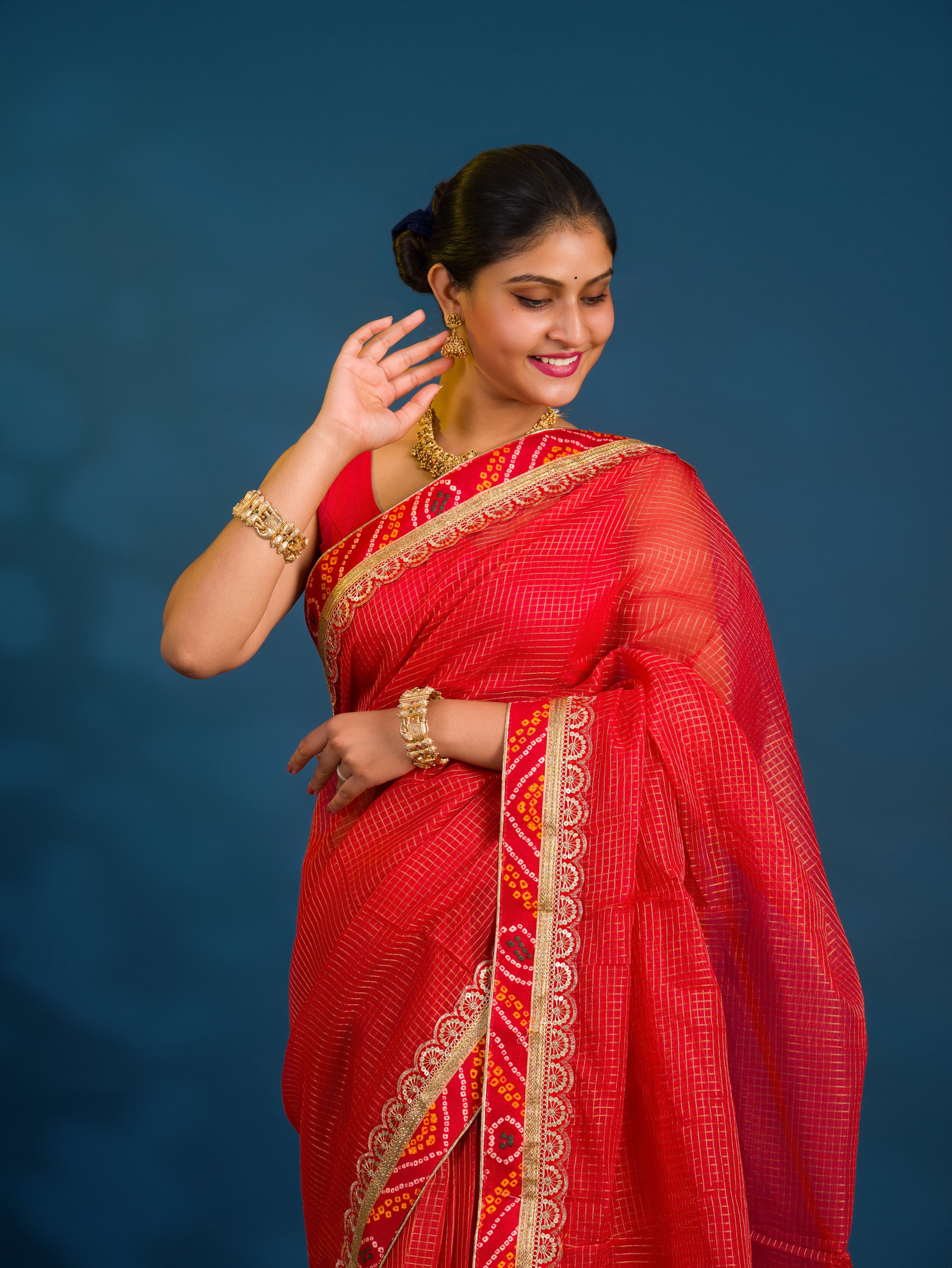 By New One Embroidery Bandhani Border Kota Doriya Saree