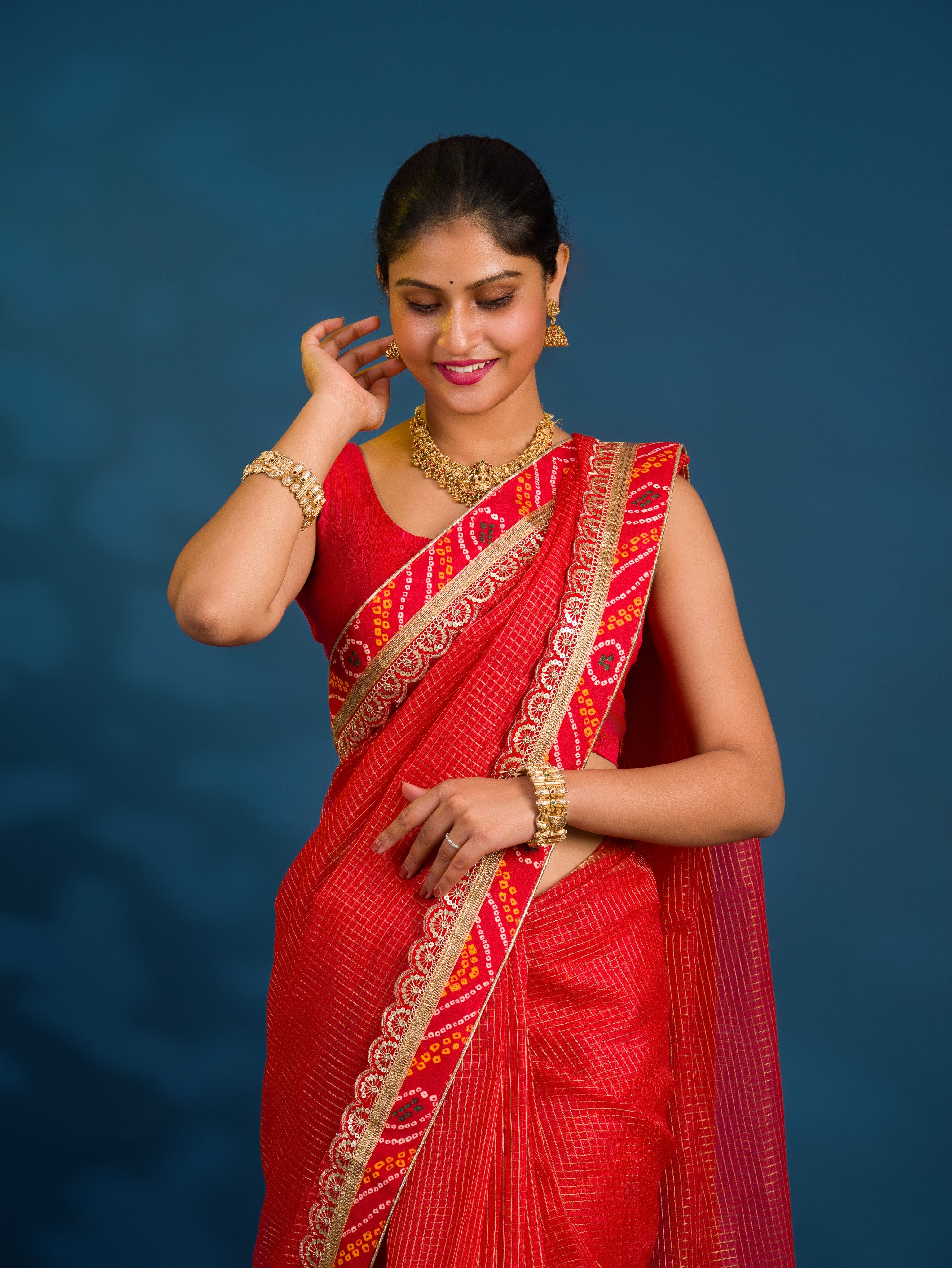 By New One Embroidery Bandhani Border Kota Doriya Saree