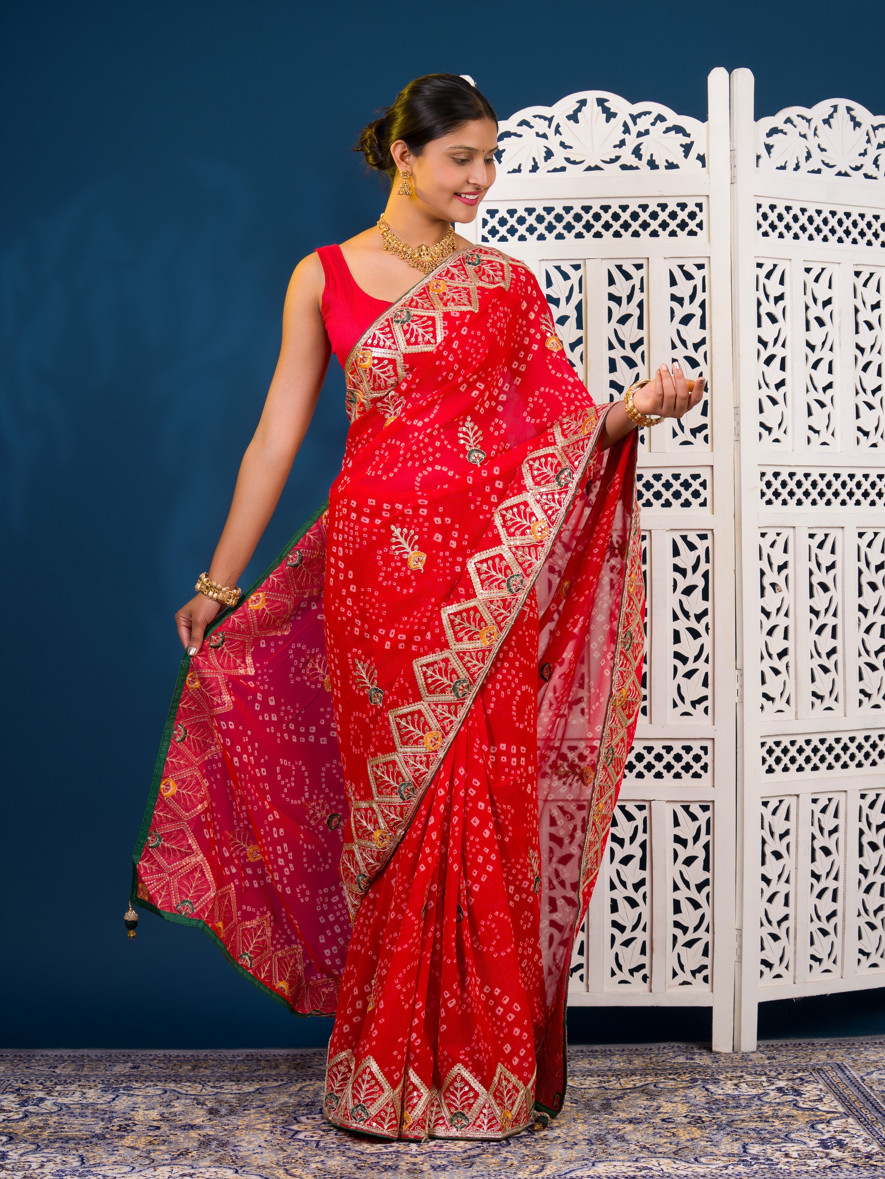 Georgette Bandhani Style Fabric with Sequin Embroidery Work Saree
