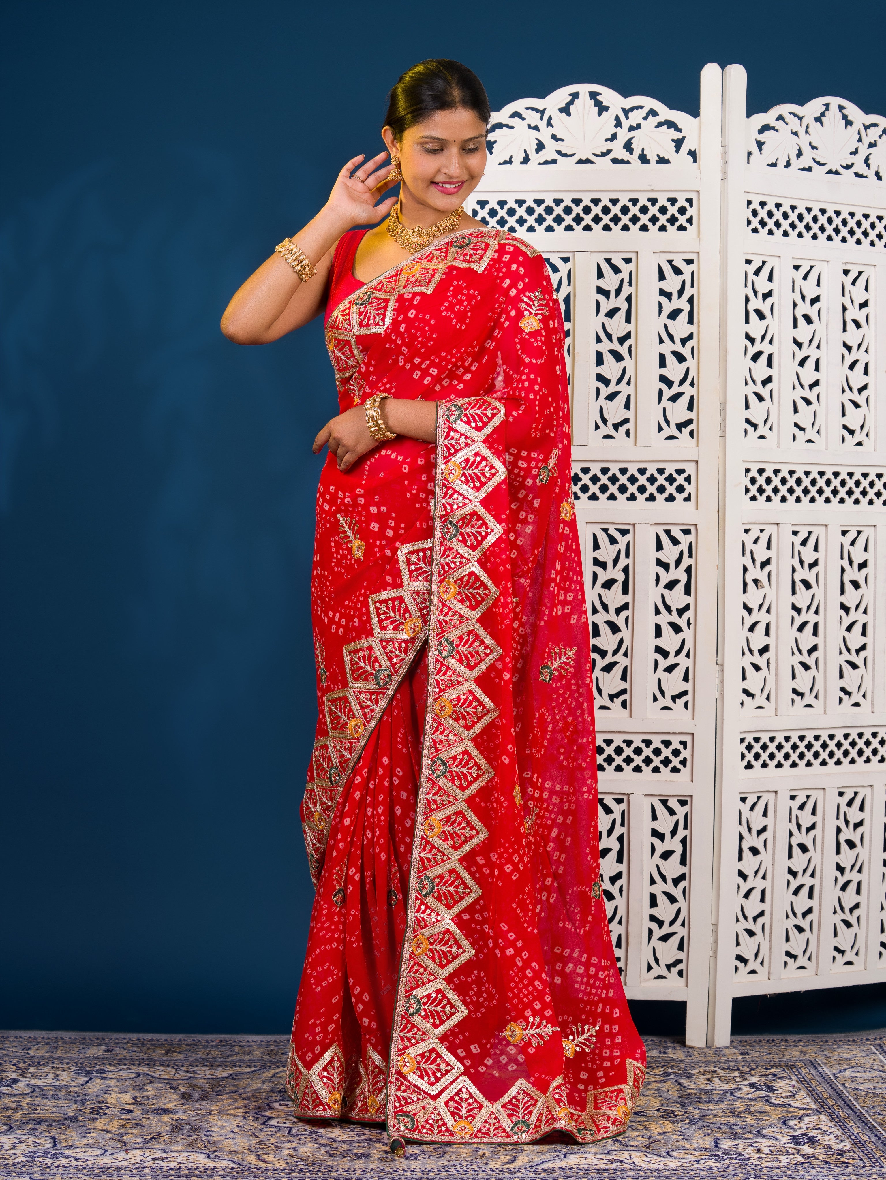 Georgette Bandhani Style Fabric with Sequin Embroidery Work Saree