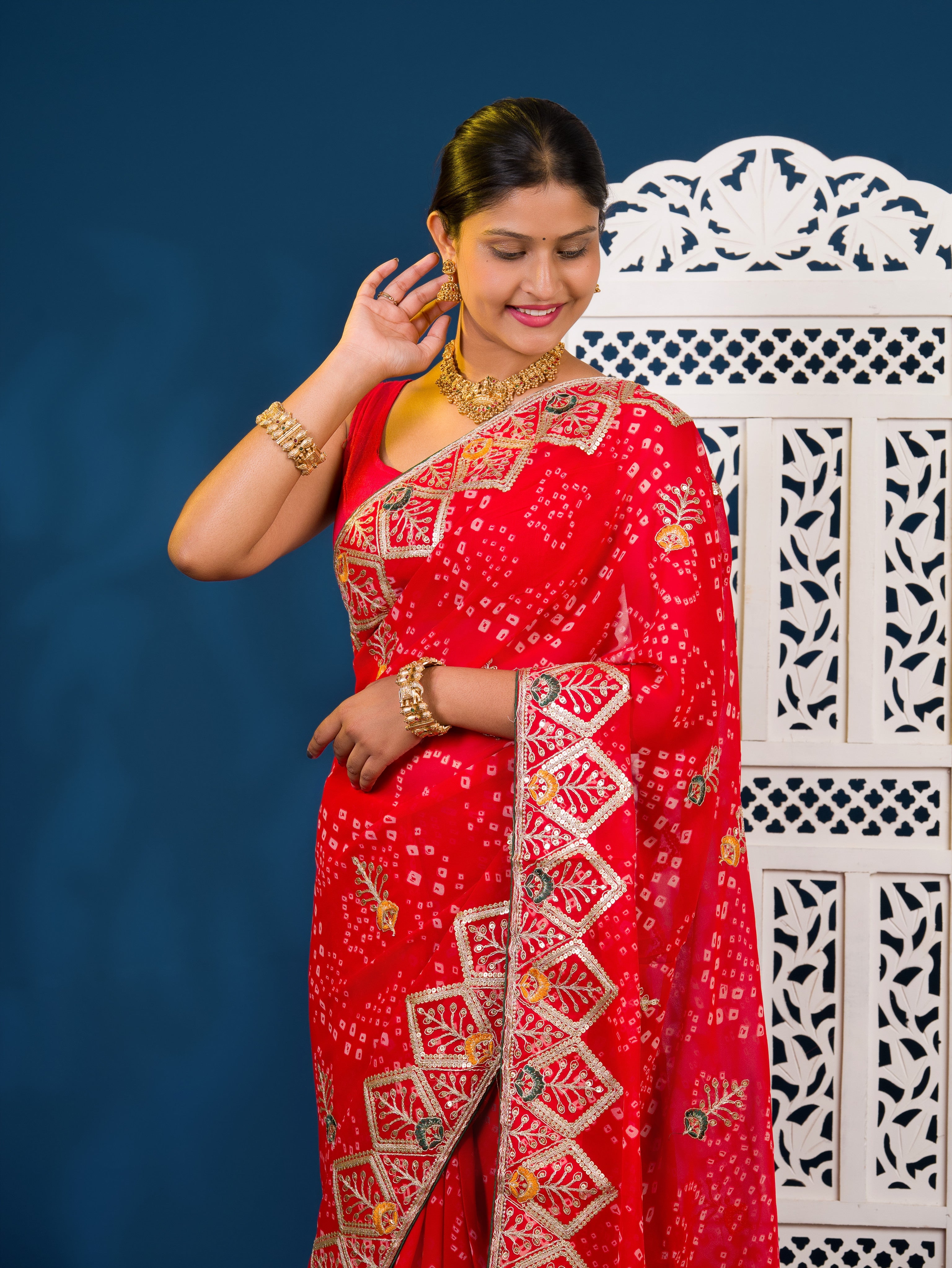Georgette Bandhani Style Fabric with Sequin Embroidery Work Saree