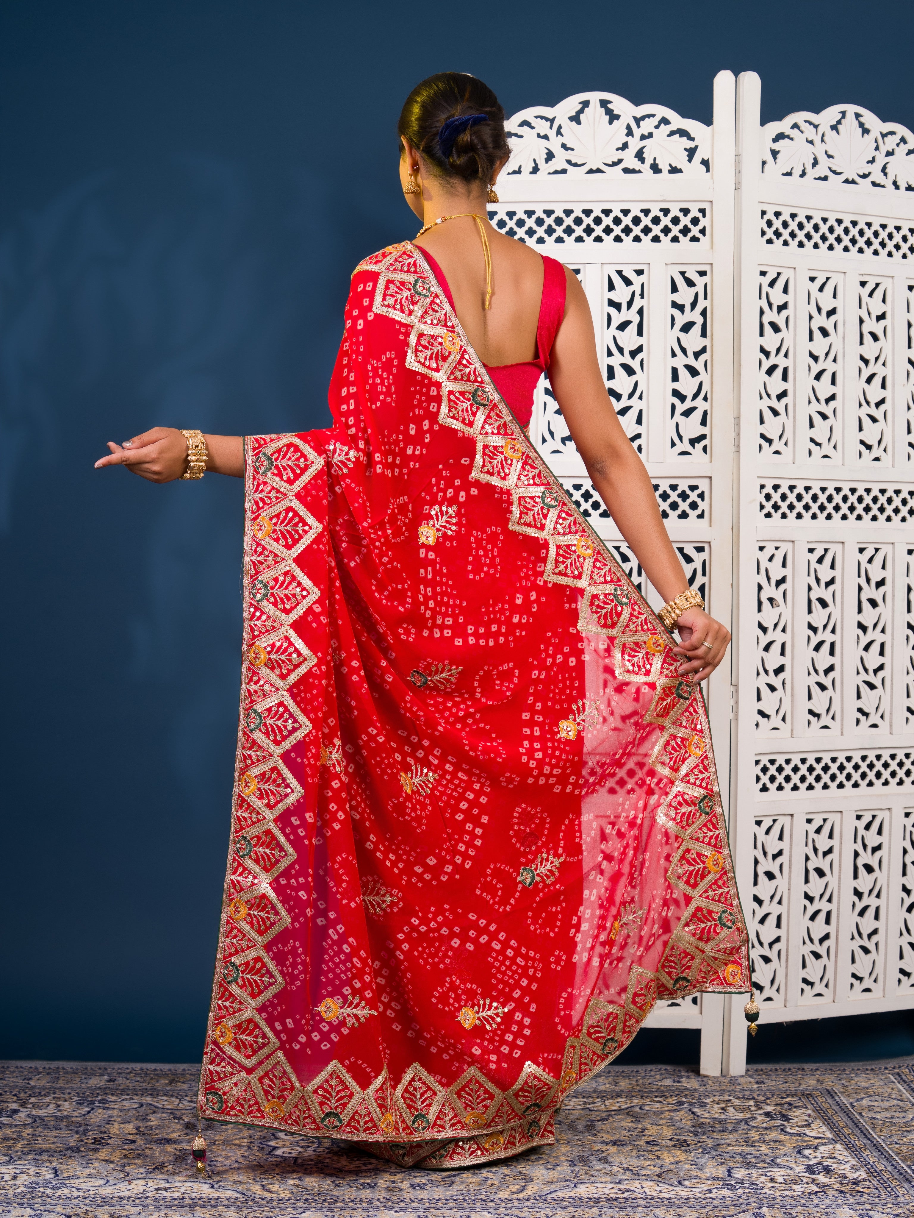 Georgette Bandhani Style Fabric with Sequin Embroidery Work Saree