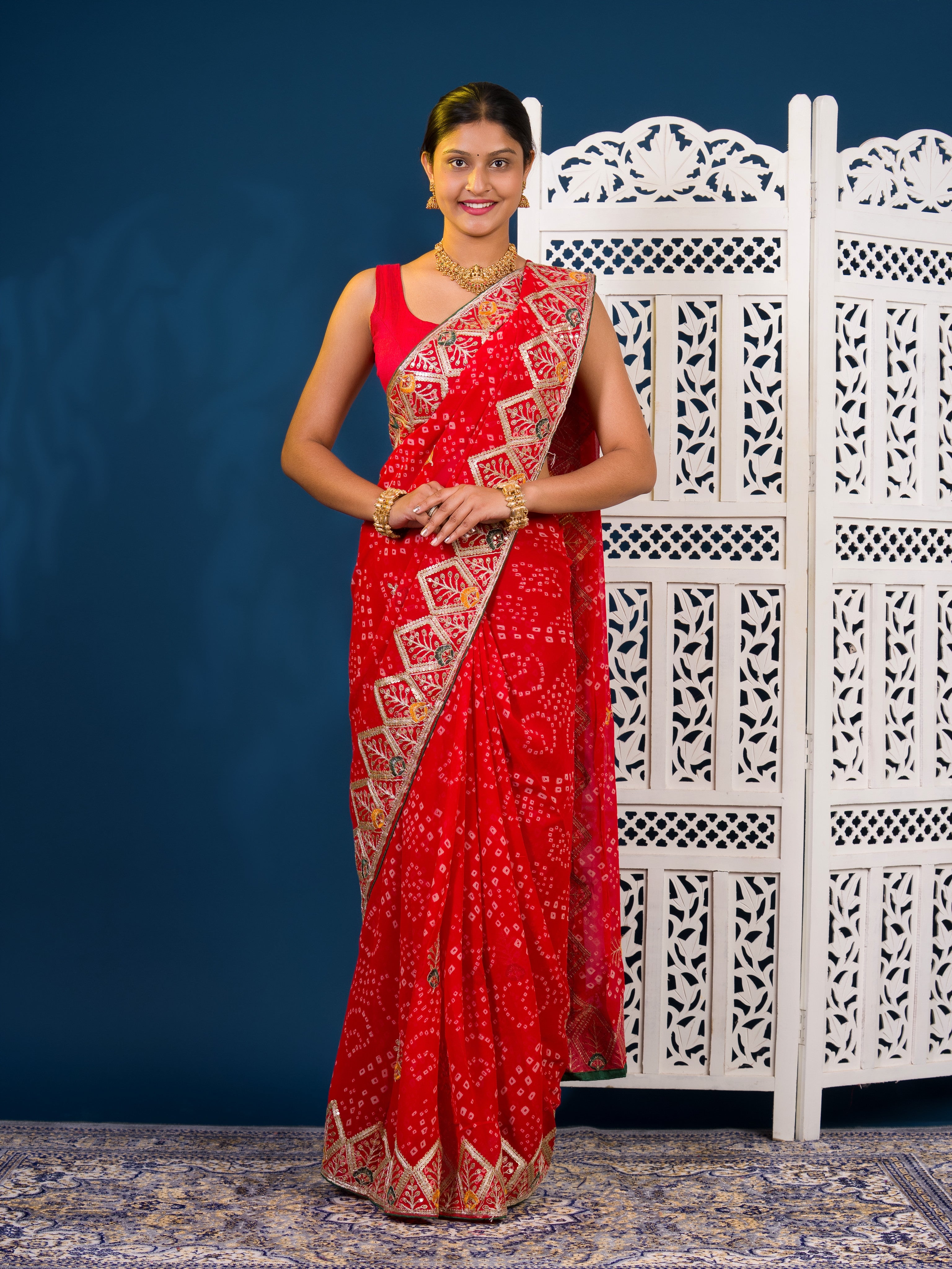 Georgette Bandhani Style Fabric with Sequin Embroidery Work Saree