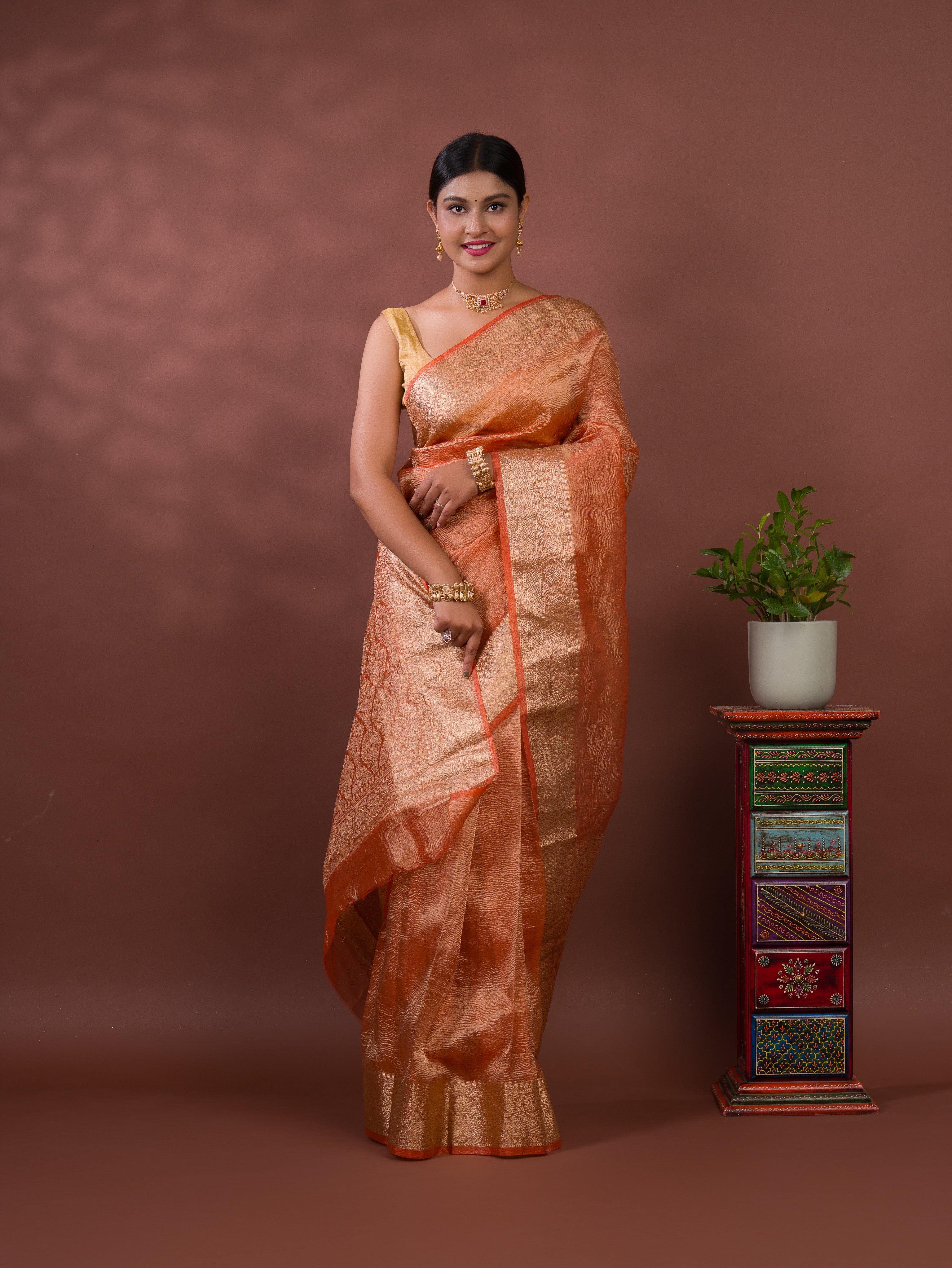 Tissue Silk Banarasi Saree in orange colour