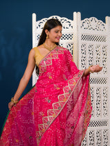 Georgette Bandhani Style Fabric with Sequin Embroidery Work Saree for wedding